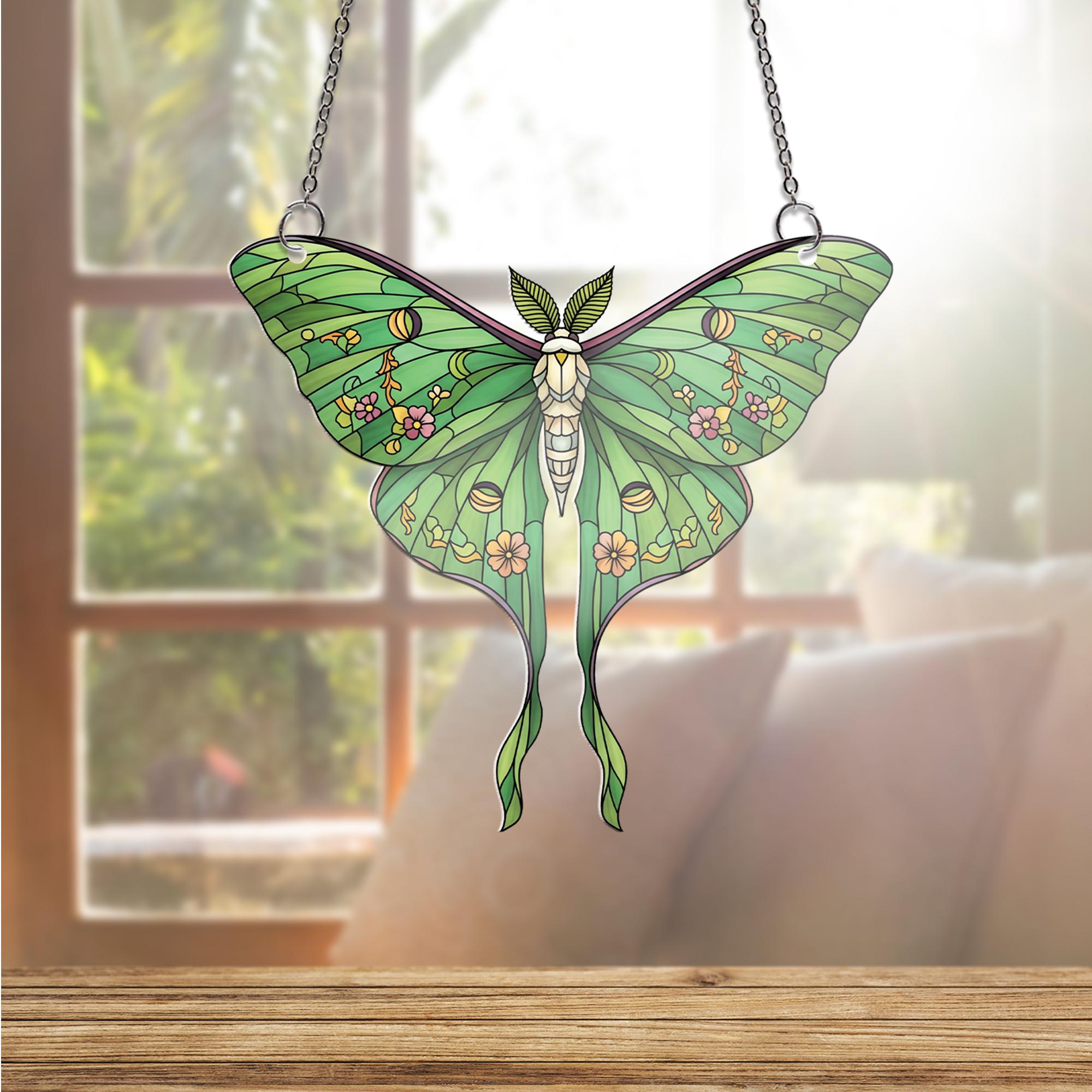Floral Luna Moth Acrylic Window Hanging Green Moth Window Hanging, Botanical Boho Home Decor, Nature Lover Gift