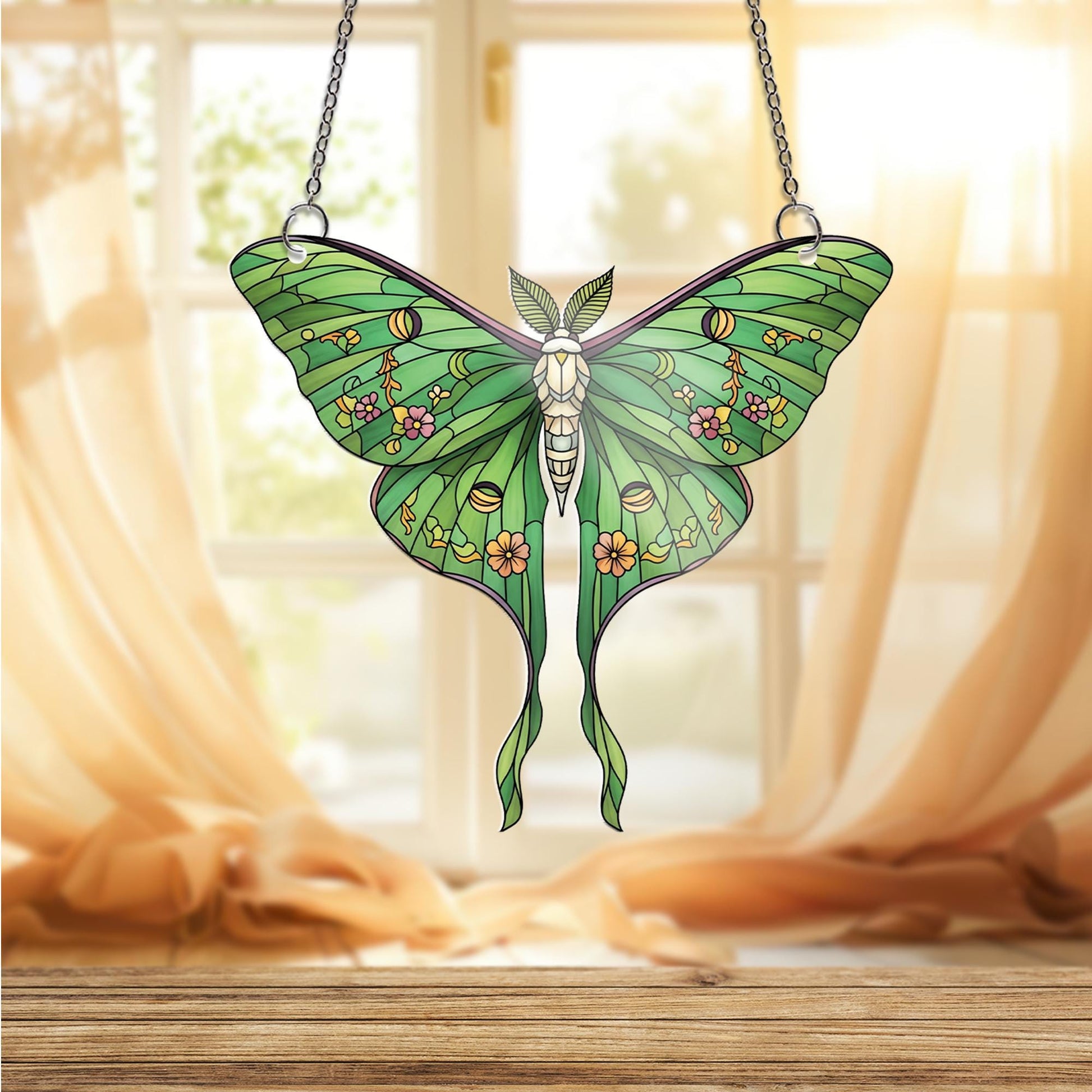 Floral Luna Moth Acrylic Window Hanging Green Moth Window Hanging, Botanical Boho Home Decor, Nature Lover Gift