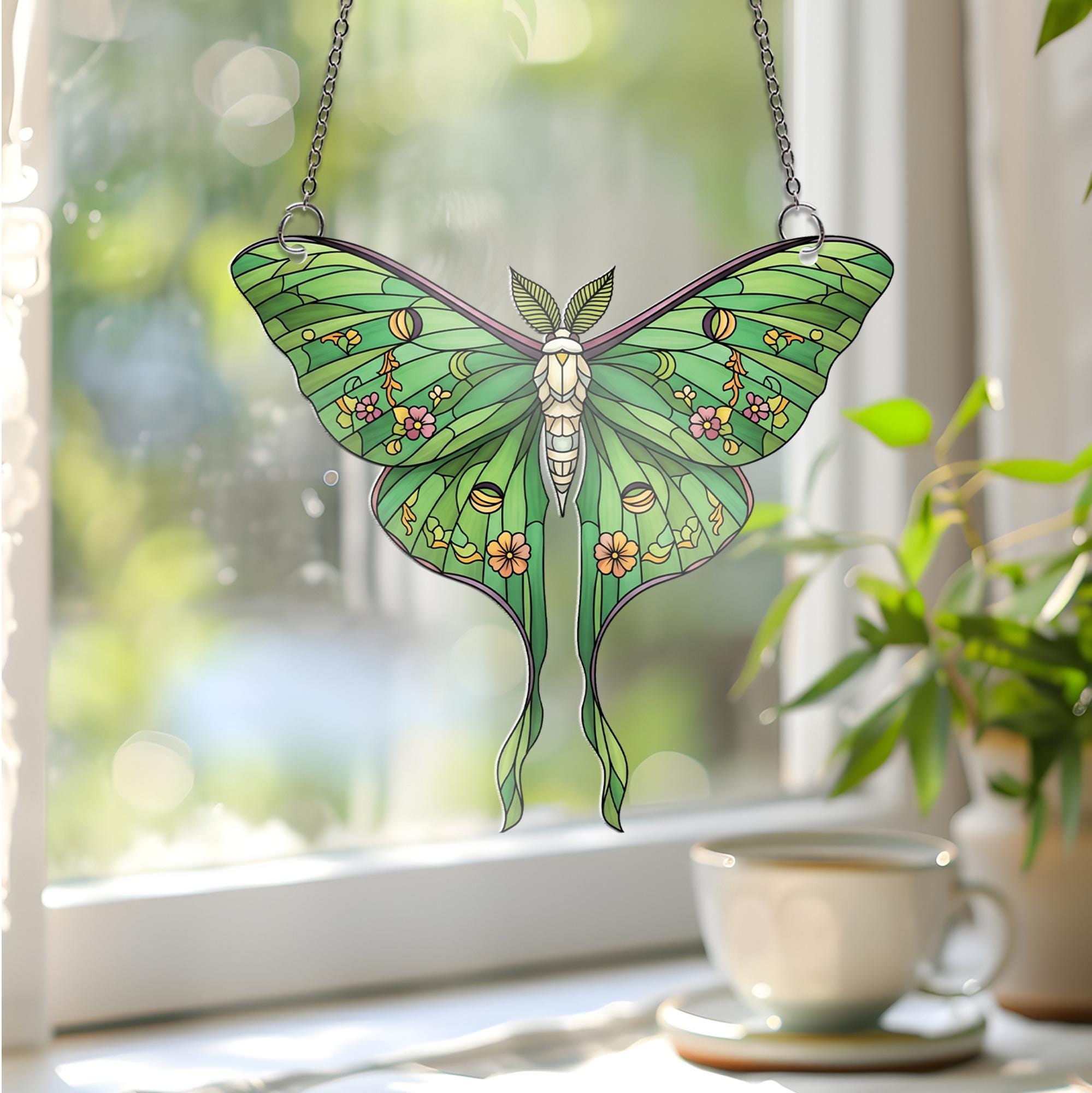 Floral Luna Moth Acrylic Window Hanging Green Moth Window Hanging, Botanical Boho Home Decor, Nature Lover Gift