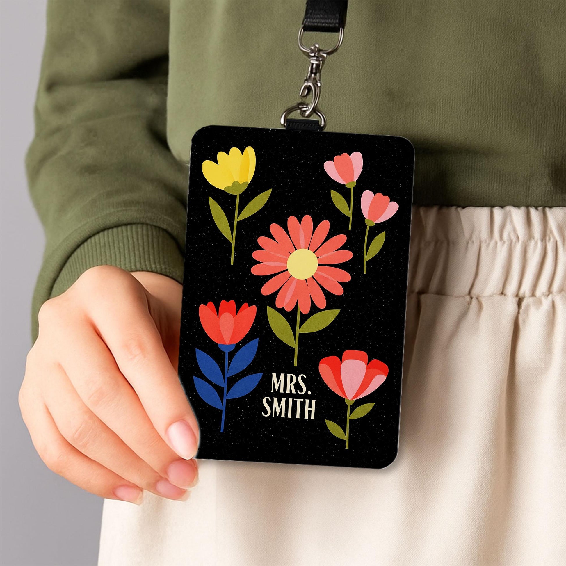 Personalized Teacher Badge Holder, Groovy Floral Custom ID Tag for Teachers, Cute Lanyard Name Badge, Teacher Gift ,for Educators