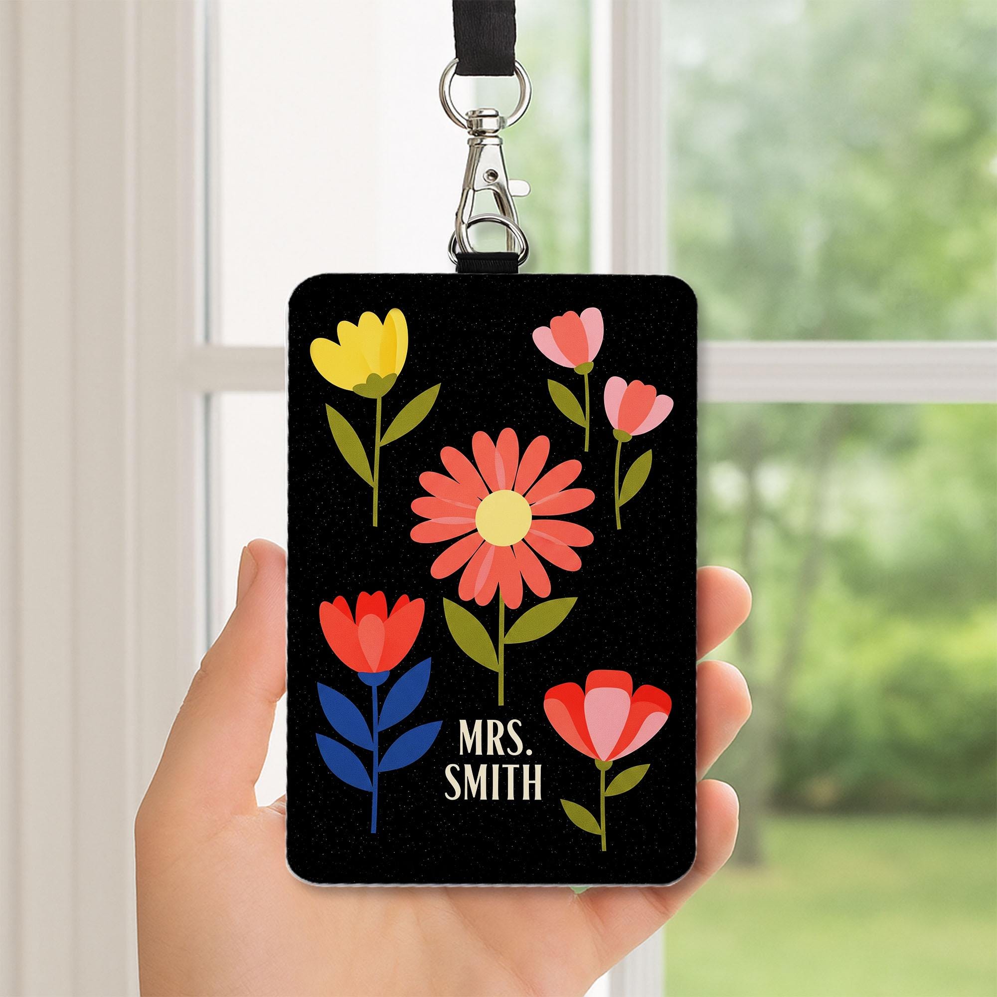 Personalized Teacher Badge Holder, Groovy Floral Custom ID Tag for Teachers, Cute Lanyard Name Badge, Teacher Gift ,for Educators