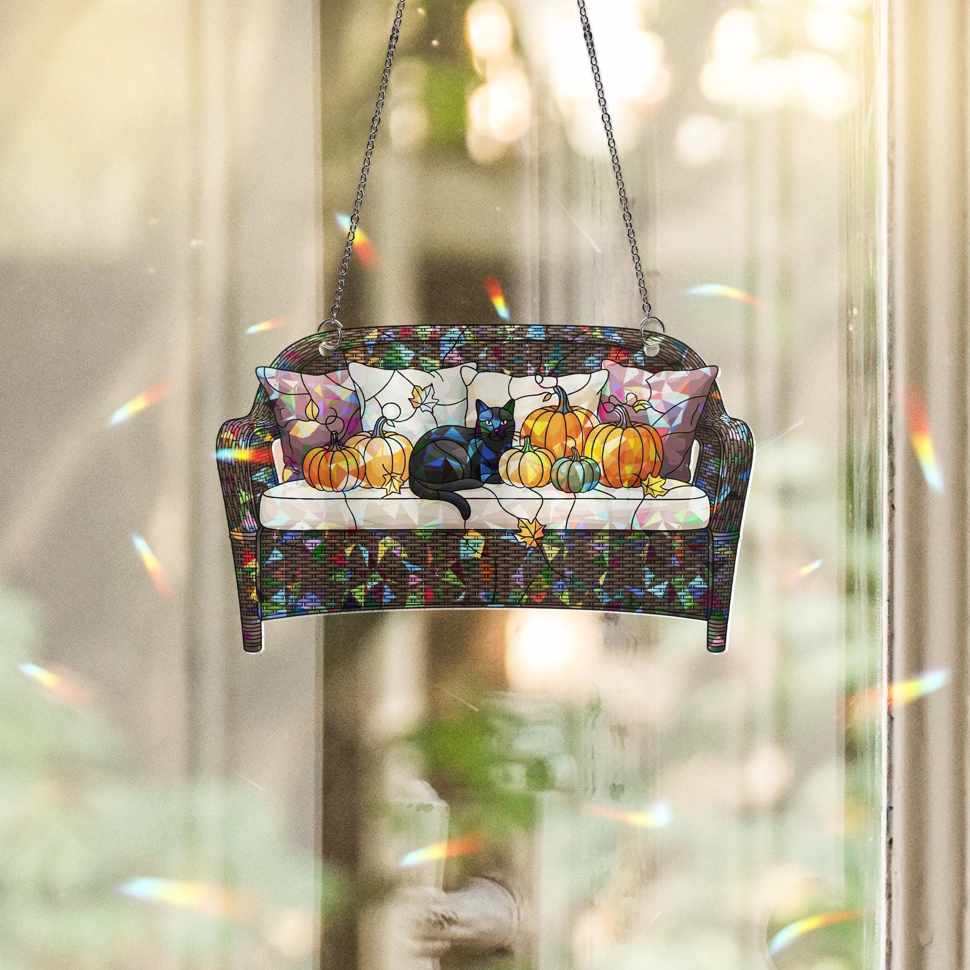 Black Cat Pumpkin Couch Suncatcher – Holographic Glass Ornament, Cozy Autumn Window Hanging, Fall Decor, Halloween Gift Idea