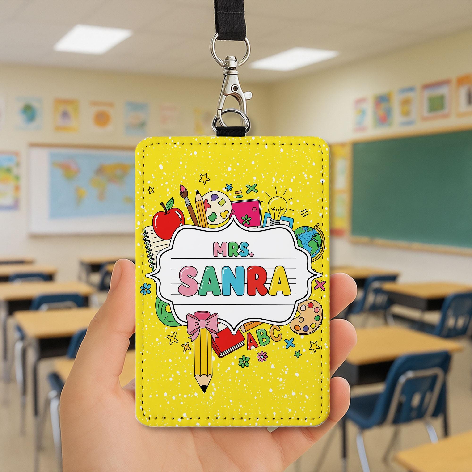 Teacher ID Badge Holder, Custom Name Tag for Teachers, Cute School Lanyard, Back to School Gift, Classroom Accessories, Yellow ID Tag