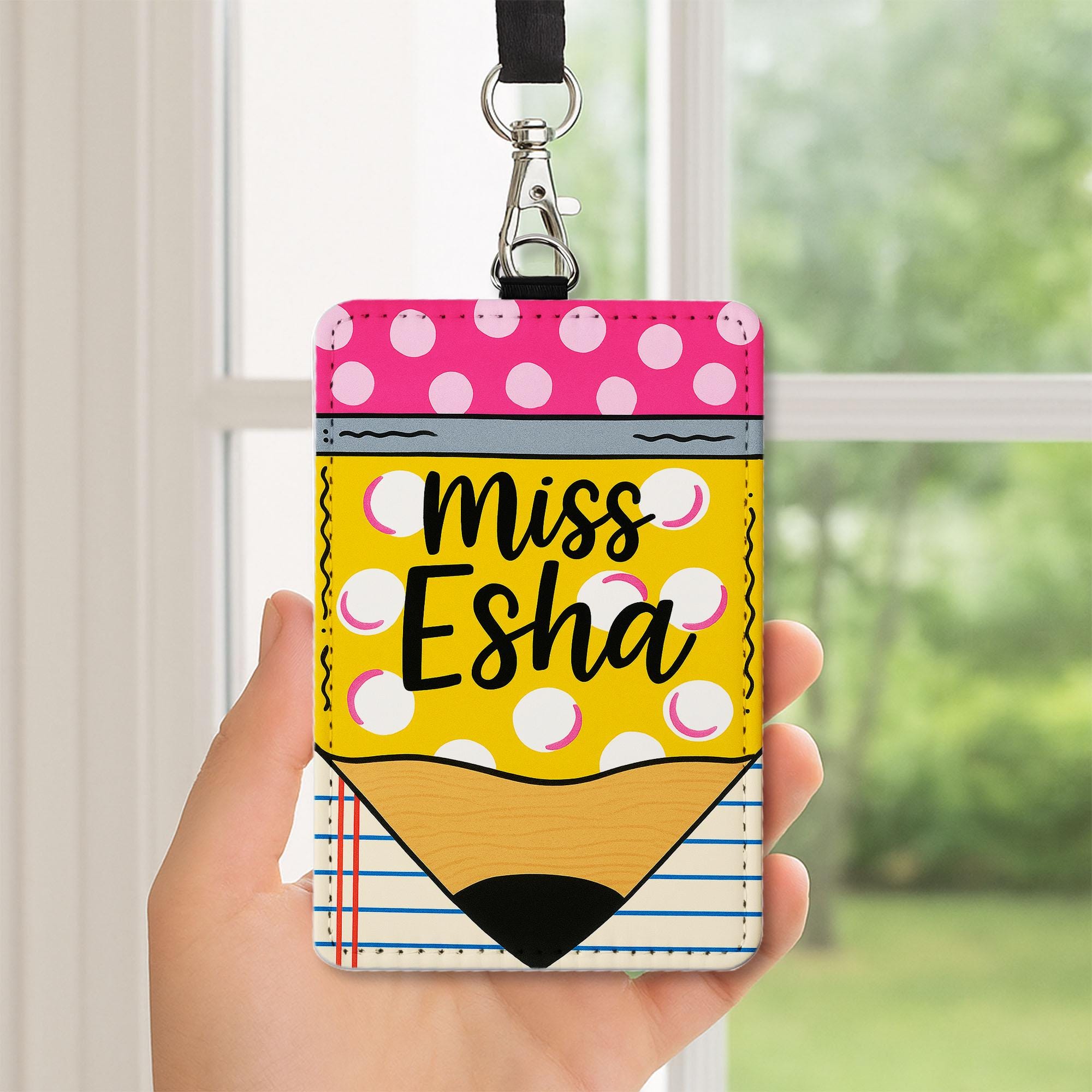 Pencil Teacher Badge Holder, Custom Name ID Tag, Cute Lanyard for Women, Back to School Gift, Miss Esha Name Tag, Teacher Accessory
