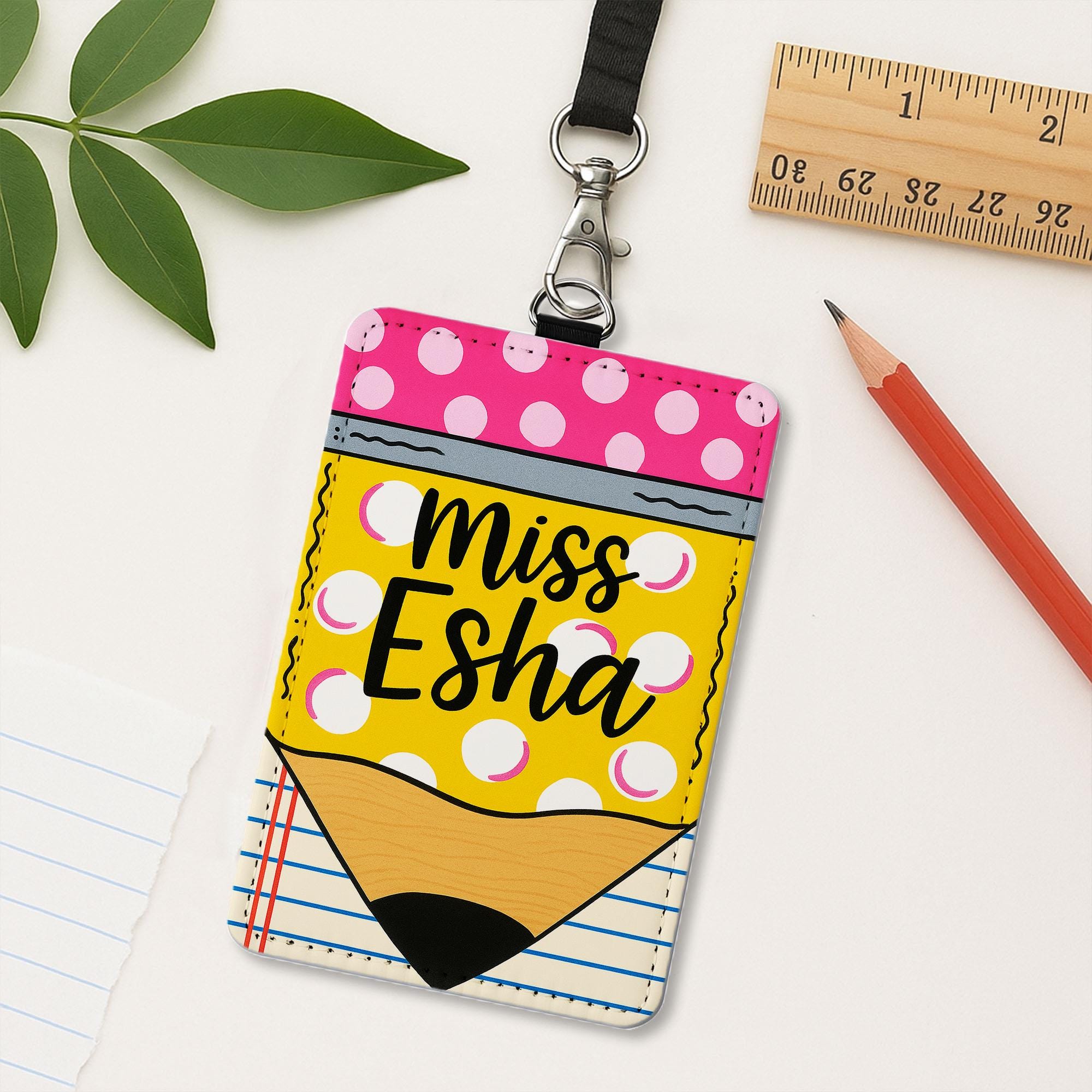 Pencil Teacher Badge Holder, Custom Name ID Tag, Cute Lanyard for Women, Back to School Gift, Miss Esha Name Tag, Teacher Accessory