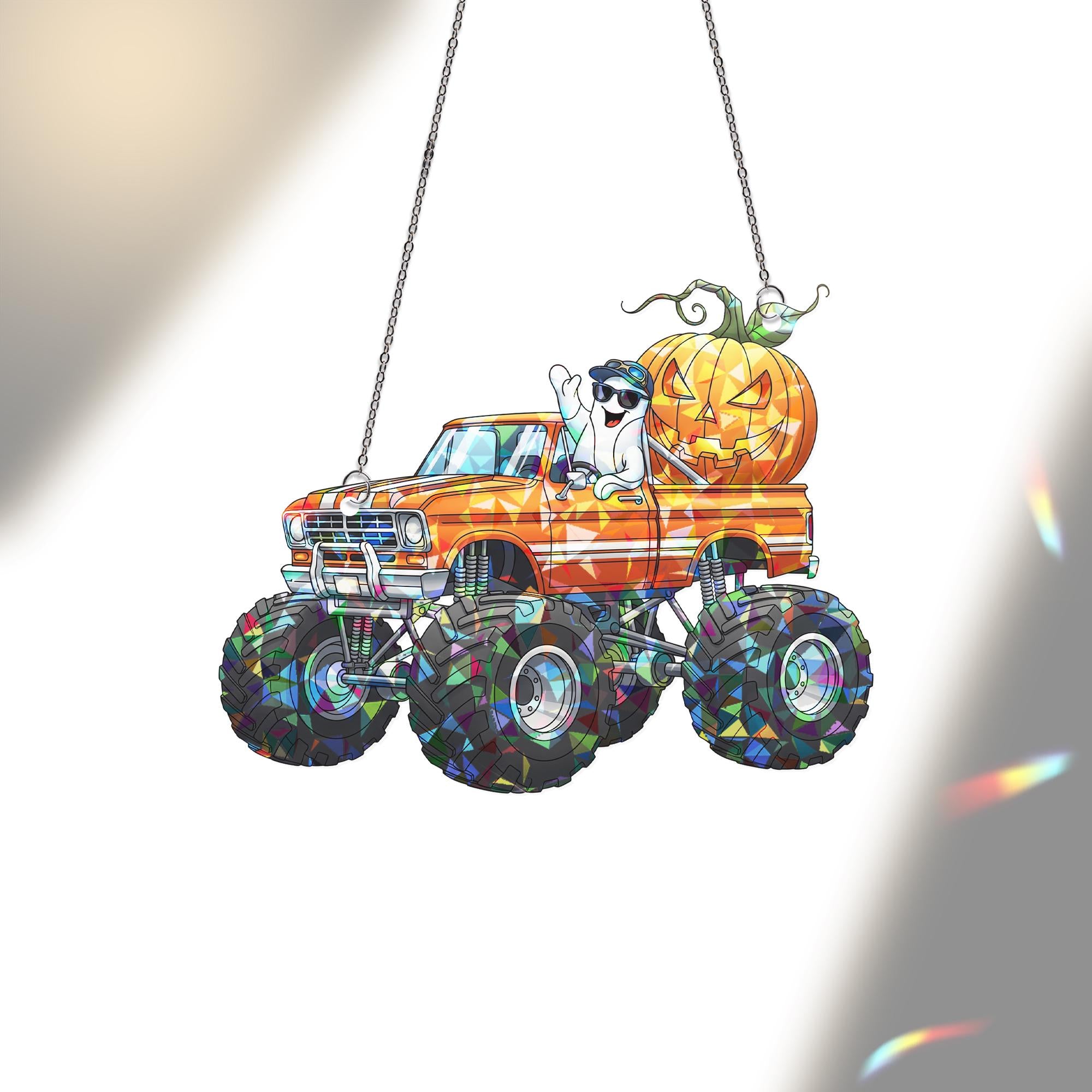Monster Truck Halloween Suncatcher, Ghost & Pumpkin Decor, Spooky Vehicle Art, Unique Trick or Treat Accent