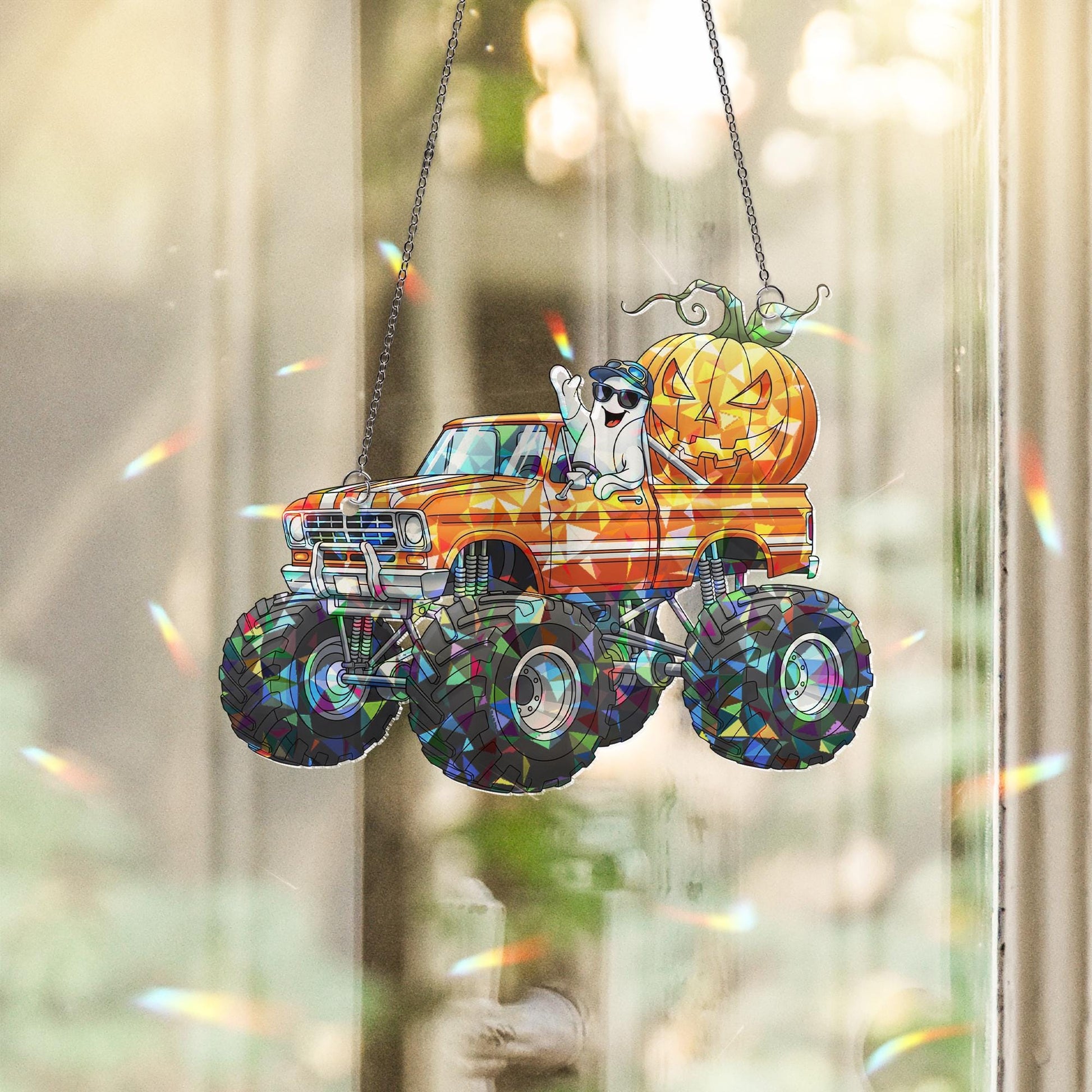 Monster Truck Halloween Suncatcher, Ghost & Pumpkin Decor, Spooky Vehicle Art, Unique Trick or Treat Accent