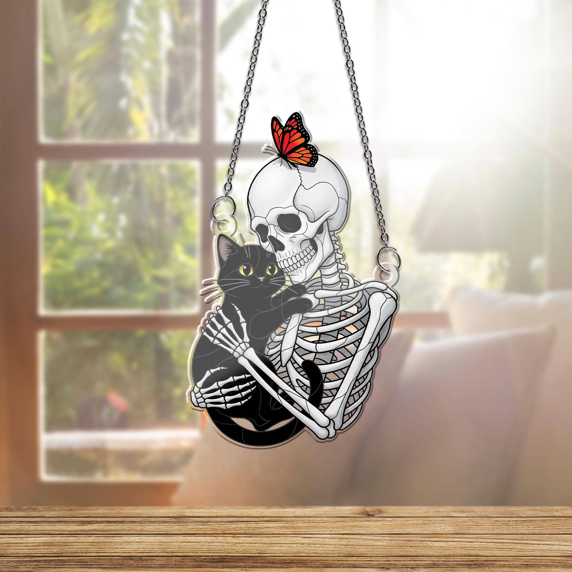 Skeleton and Black Cat Window Hanging – Halloween Suncatcher, Gothic Decor, Butterfly Accent, Spooky Cute Gift for Cat Lovers