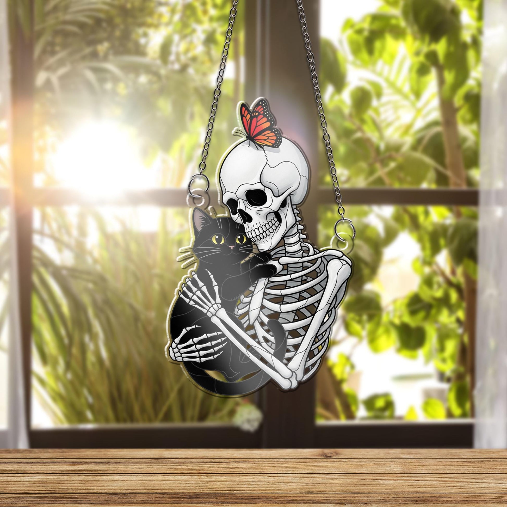 Skeleton and Black Cat Window Hanging – Halloween Suncatcher, Gothic Decor, Butterfly Accent, Spooky Cute Gift for Cat Lovers