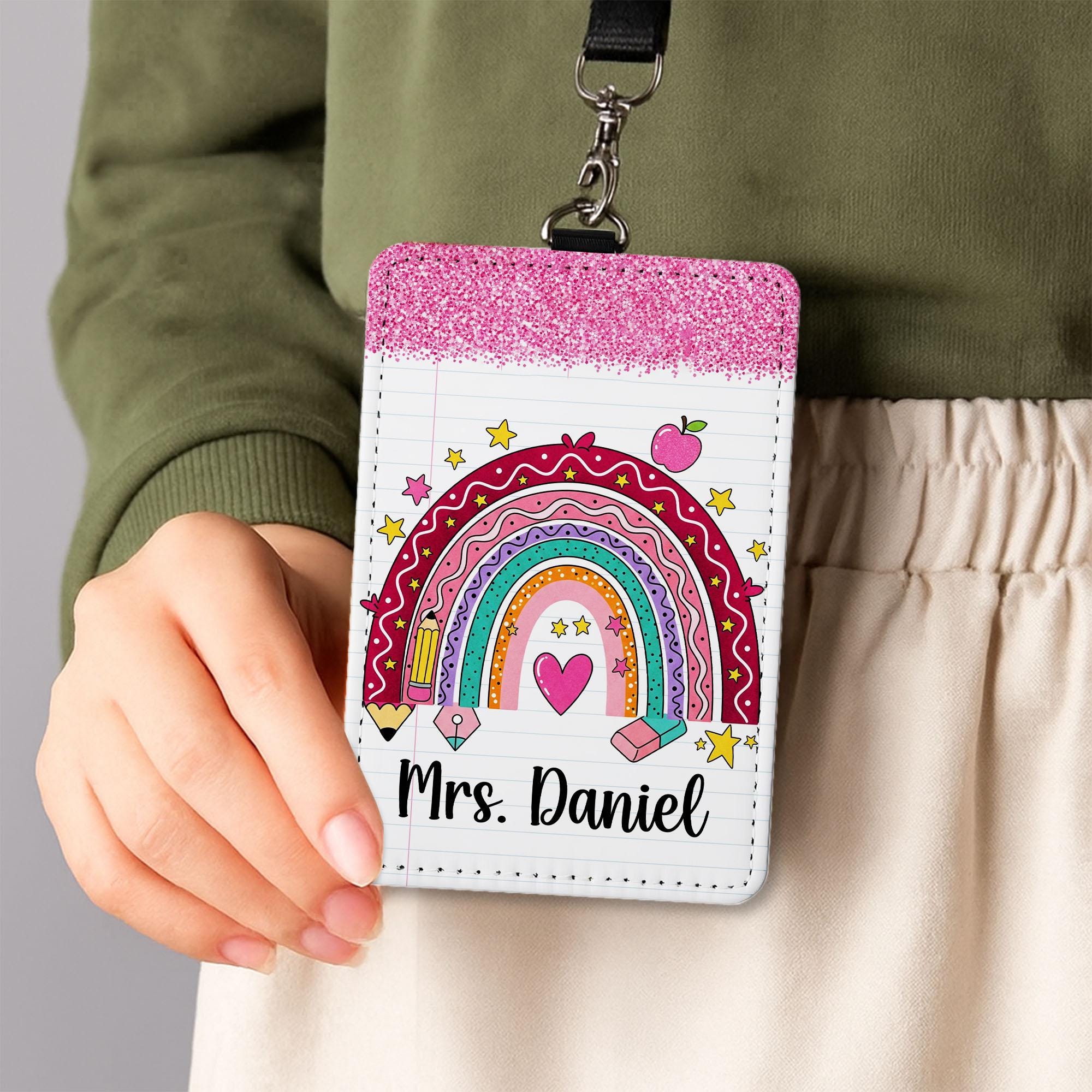 Rainbow Teacher Badge Holder, Personalized ID Tag with Faux Glitter, Custom Name Lanyard, Cute Back to School Gift, Teacher Gift  Badge