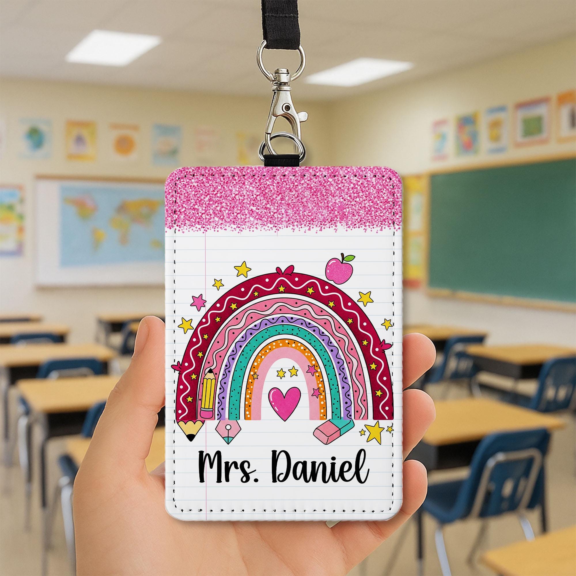 Rainbow Teacher Badge Holder, Personalized ID Tag with Faux Glitter, Custom Name Lanyard, Cute Back to School Gift, Teacher Gift  Badge