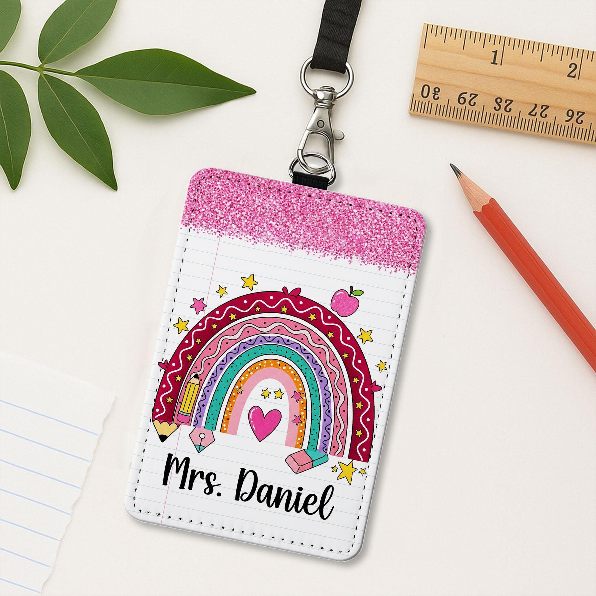 Rainbow Teacher Badge Holder, Personalized ID Tag with Faux Glitter, Custom Name Lanyard, Cute Back to School Gift, Teacher Gift  Badge