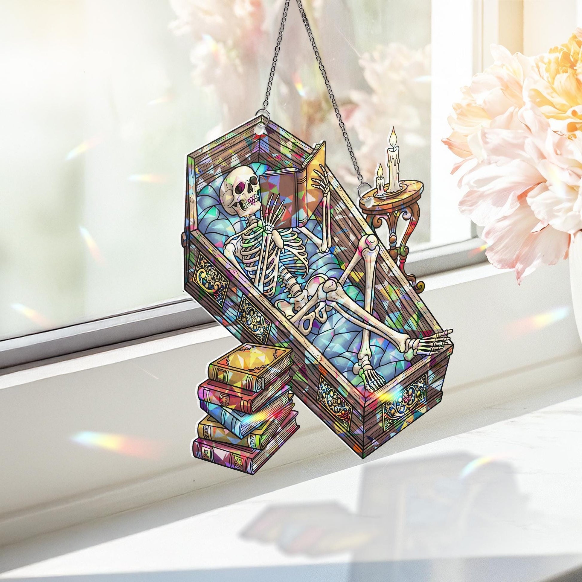 Reading Skeleton in Coffin Suncatcher, Gothic Halloween Decor, Dark Academia Art, Spooky Book Lover Gift