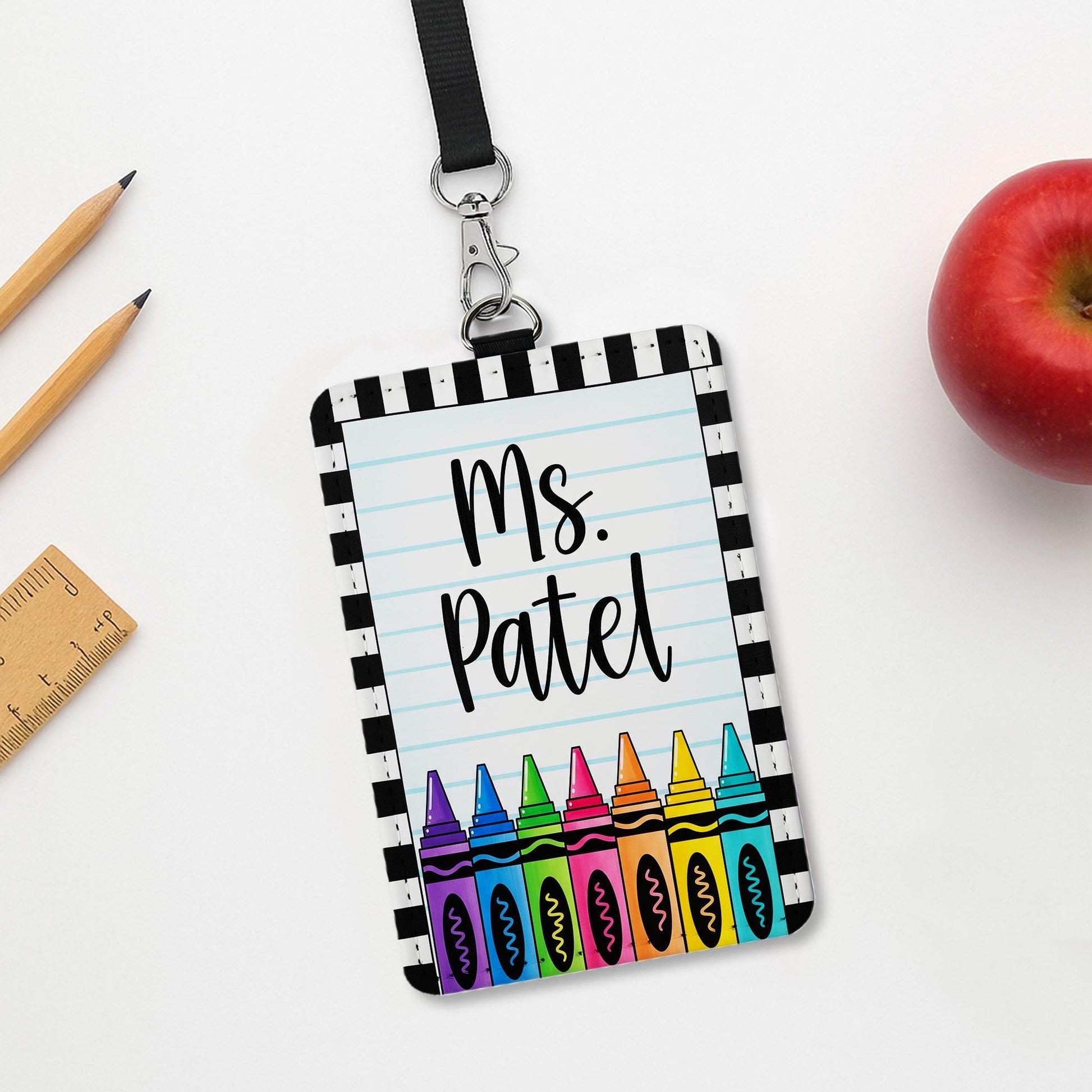 Personalized Teacher Badge Holder, Custom Crayon Lanyard ID Tag, Cute Name Tag for School, Custom Teacher Gift, Teacher Accessories
