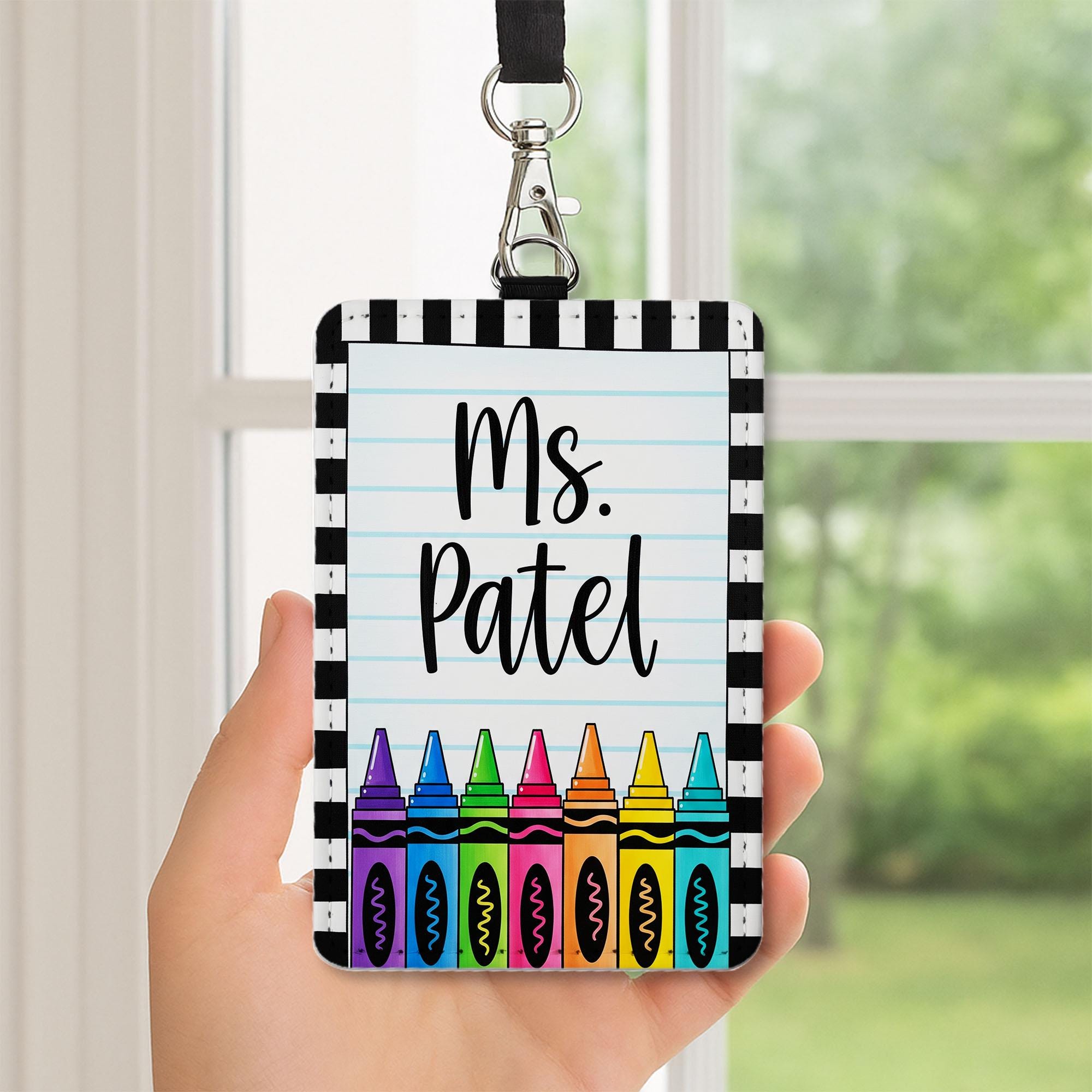 Personalized Teacher Badge Holder, Custom Crayon Lanyard ID Tag, Cute Name Tag for School, Custom Teacher Gift, Teacher Accessories