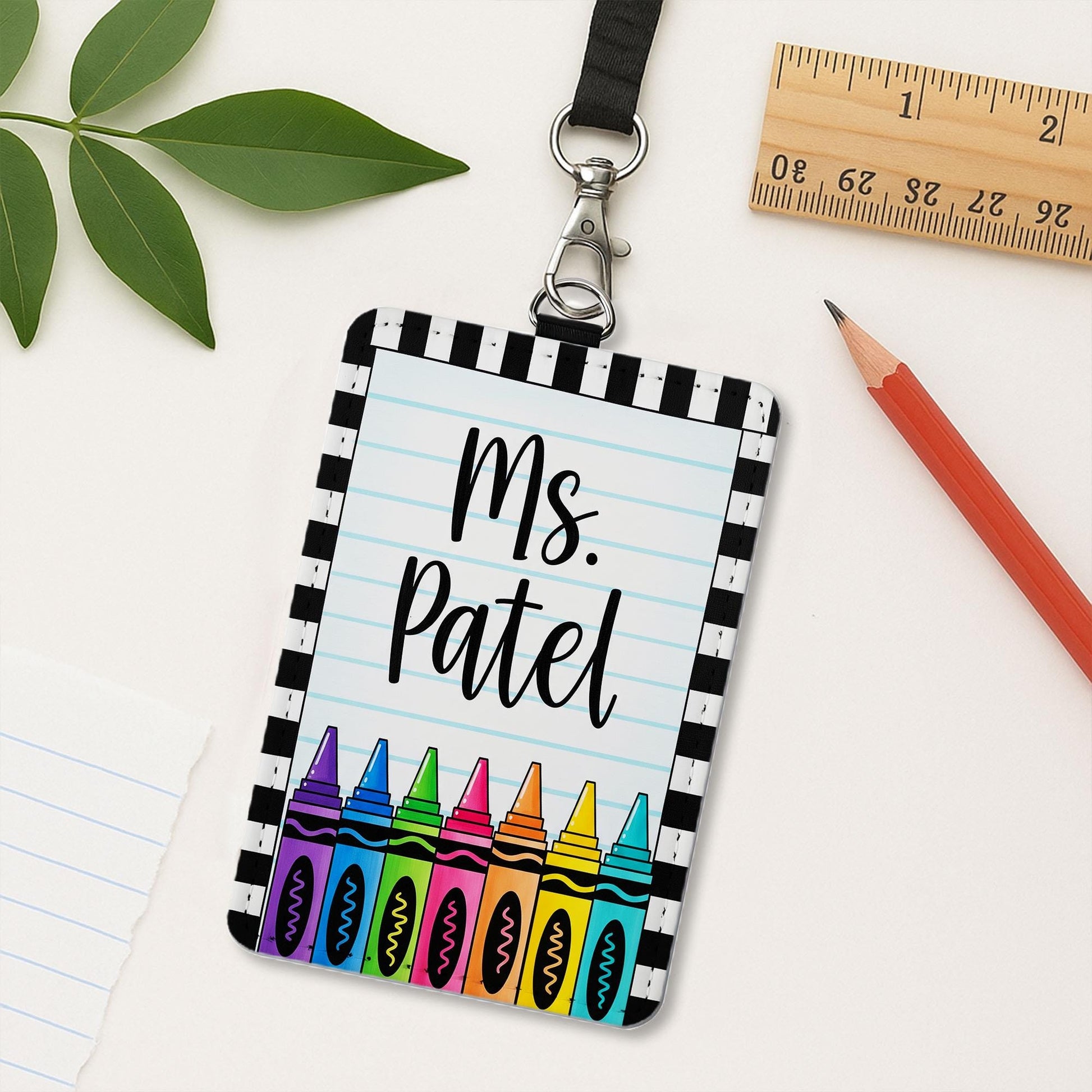 Personalized Teacher Badge Holder, Custom Crayon Lanyard ID Tag, Cute Name Tag for School, Custom Teacher Gift, Teacher Accessories