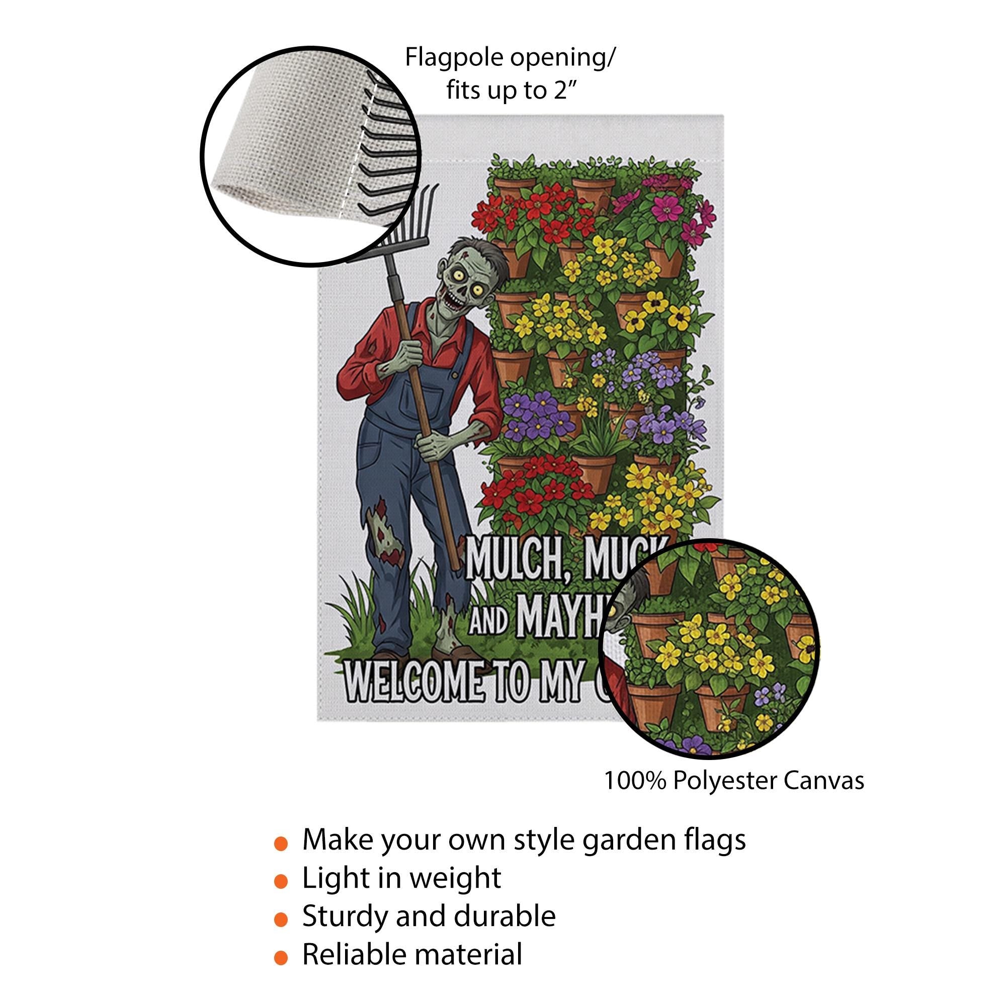 Zombie Garden Flag – Mulch Muck and Mayhem Funny Outdoor Decor, Welcome to My Garden Sign, Spooky Halloween Yard Flag