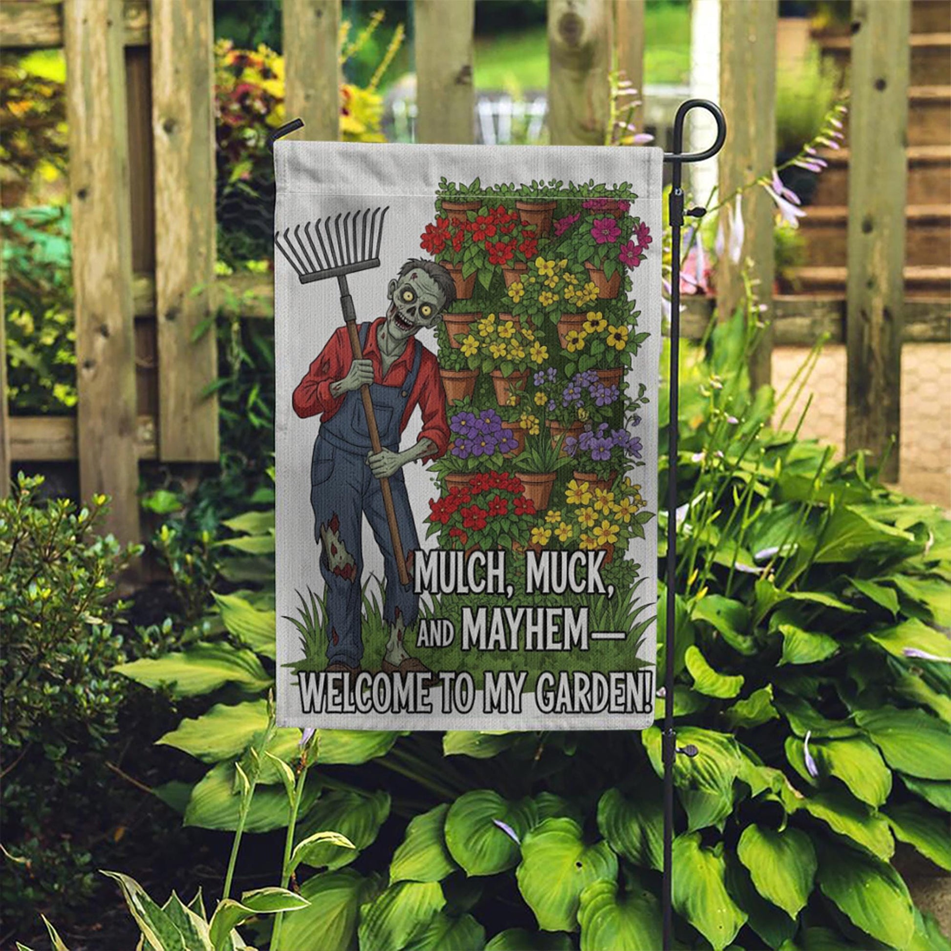 Zombie Garden Flag – Mulch Muck and Mayhem Funny Outdoor Decor, Welcome to My Garden Sign, Spooky Halloween Yard Flag