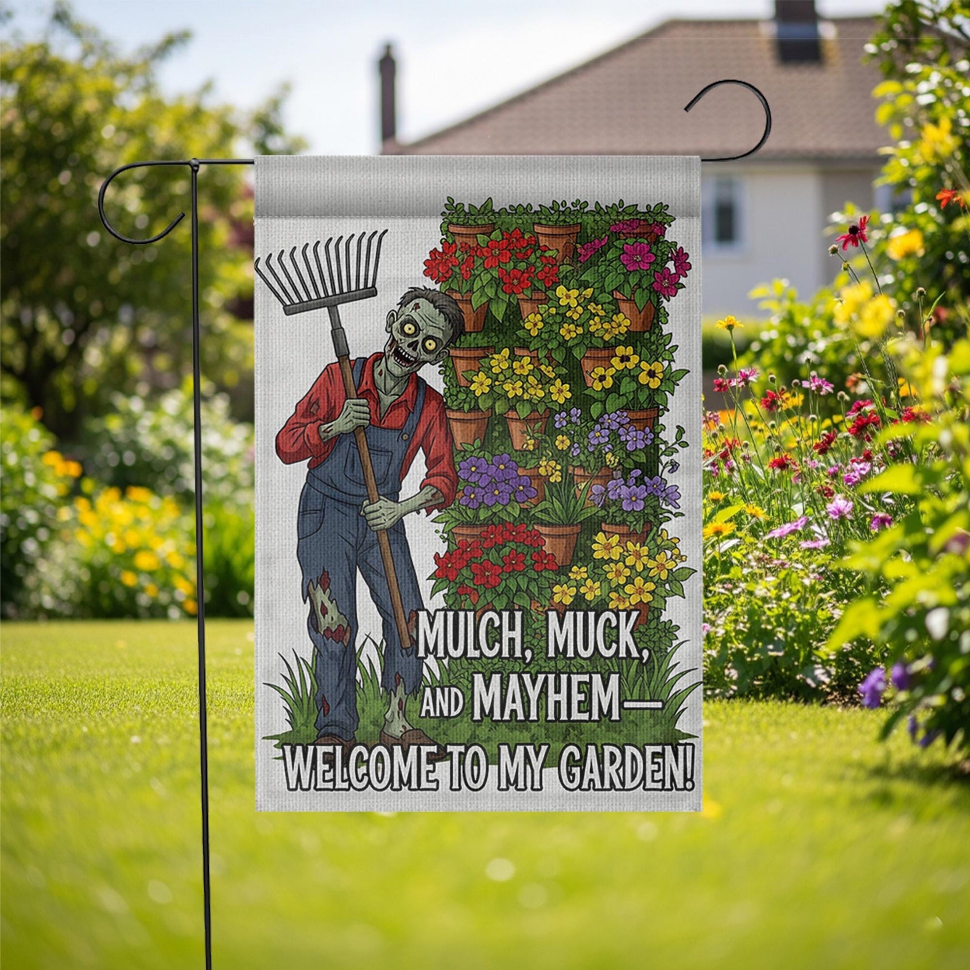 Zombie Garden Flag – Mulch Muck and Mayhem Funny Outdoor Decor, Welcome to My Garden Sign, Spooky Halloween Yard Flag