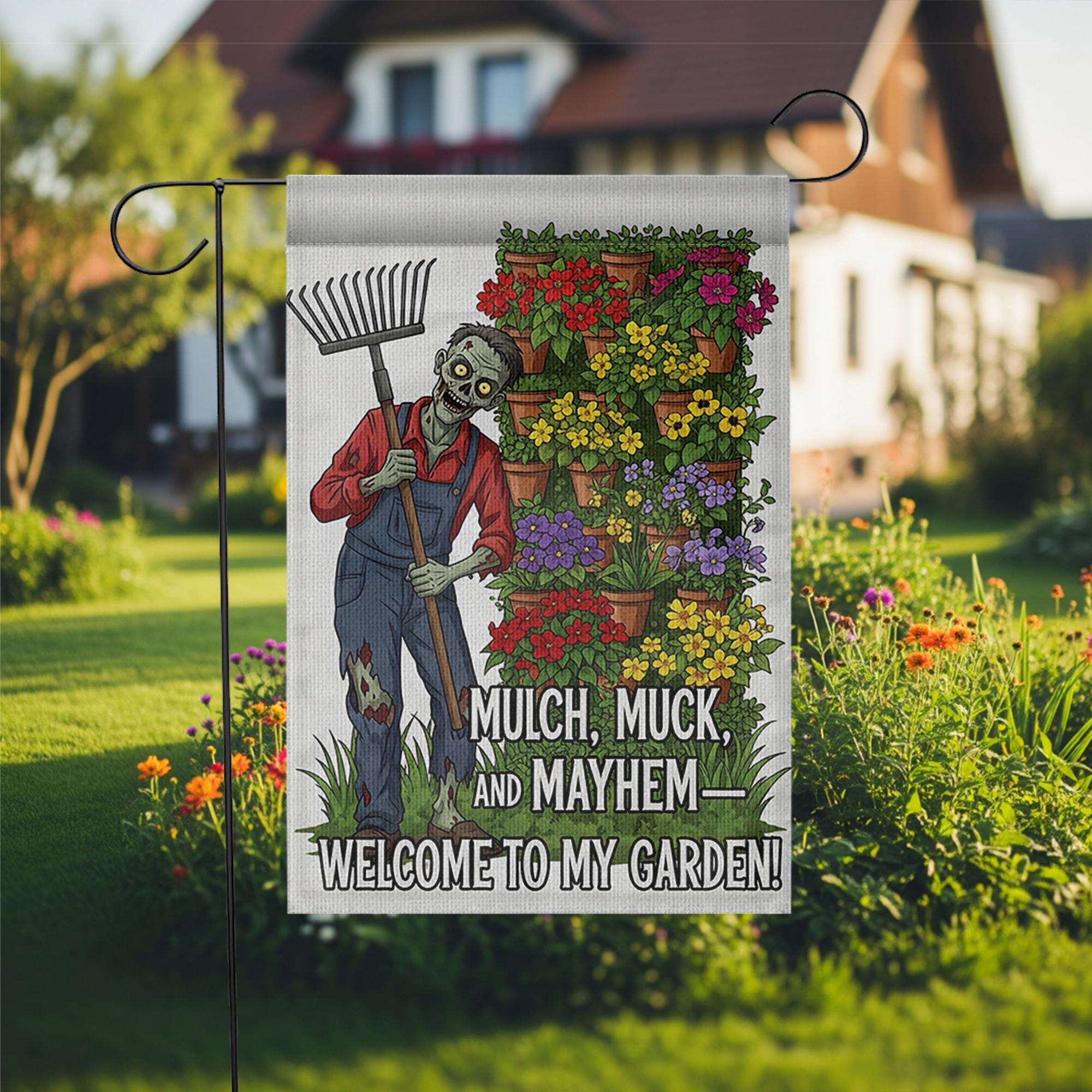 Zombie Garden Flag – Mulch Muck and Mayhem Funny Outdoor Decor, Welcome to My Garden Sign, Spooky Halloween Yard Flag