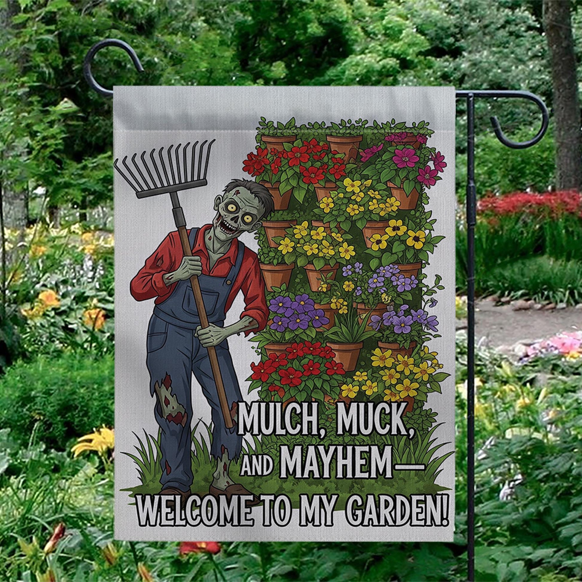 Zombie Garden Flag – Mulch Muck and Mayhem Funny Outdoor Decor, Welcome to My Garden Sign, Spooky Halloween Yard Flag