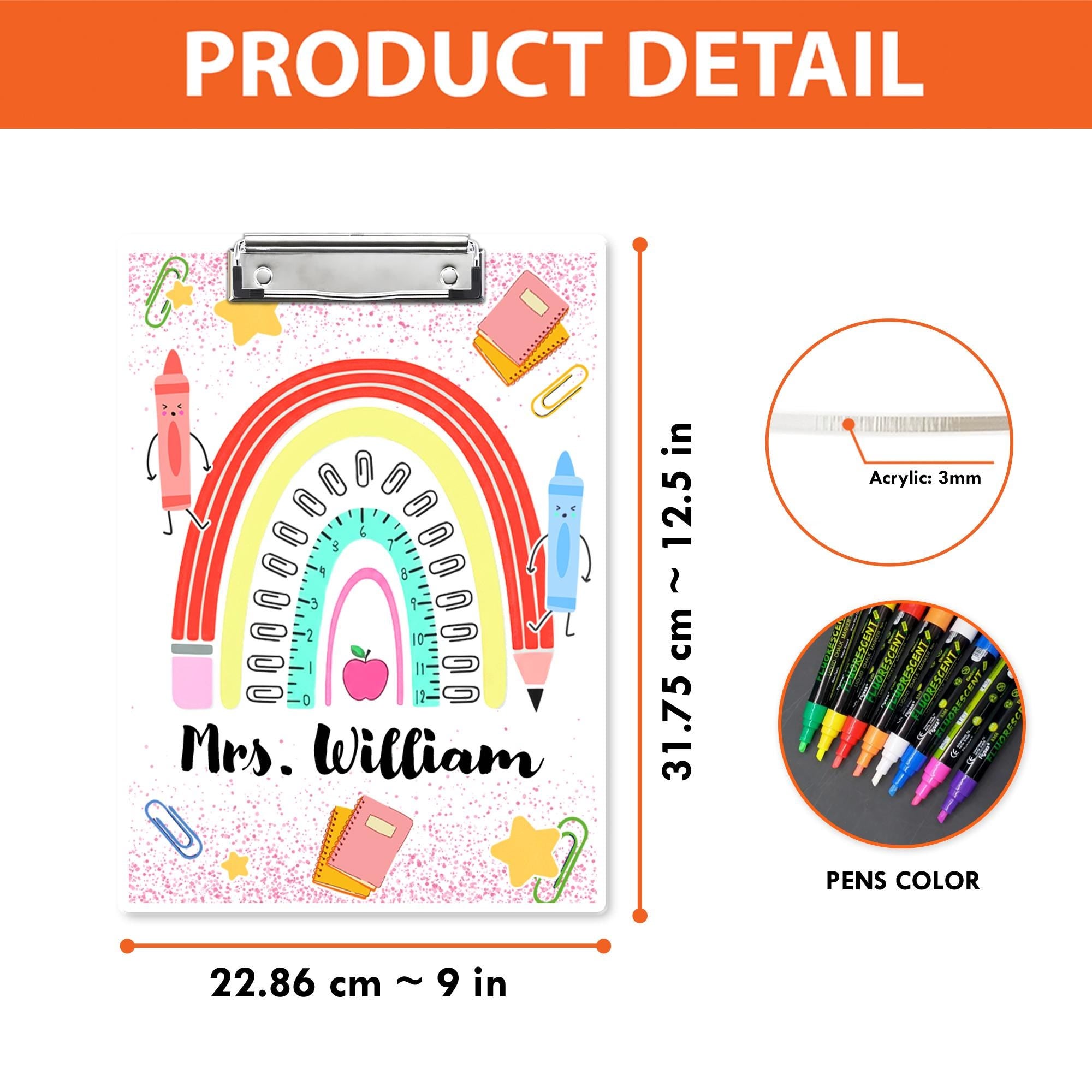 Personalized Teacher Clipboard, Rainbow Ruler Design with Crayons & Name, Cute Custom School Supplies Gift for Classroom Use, Back To School