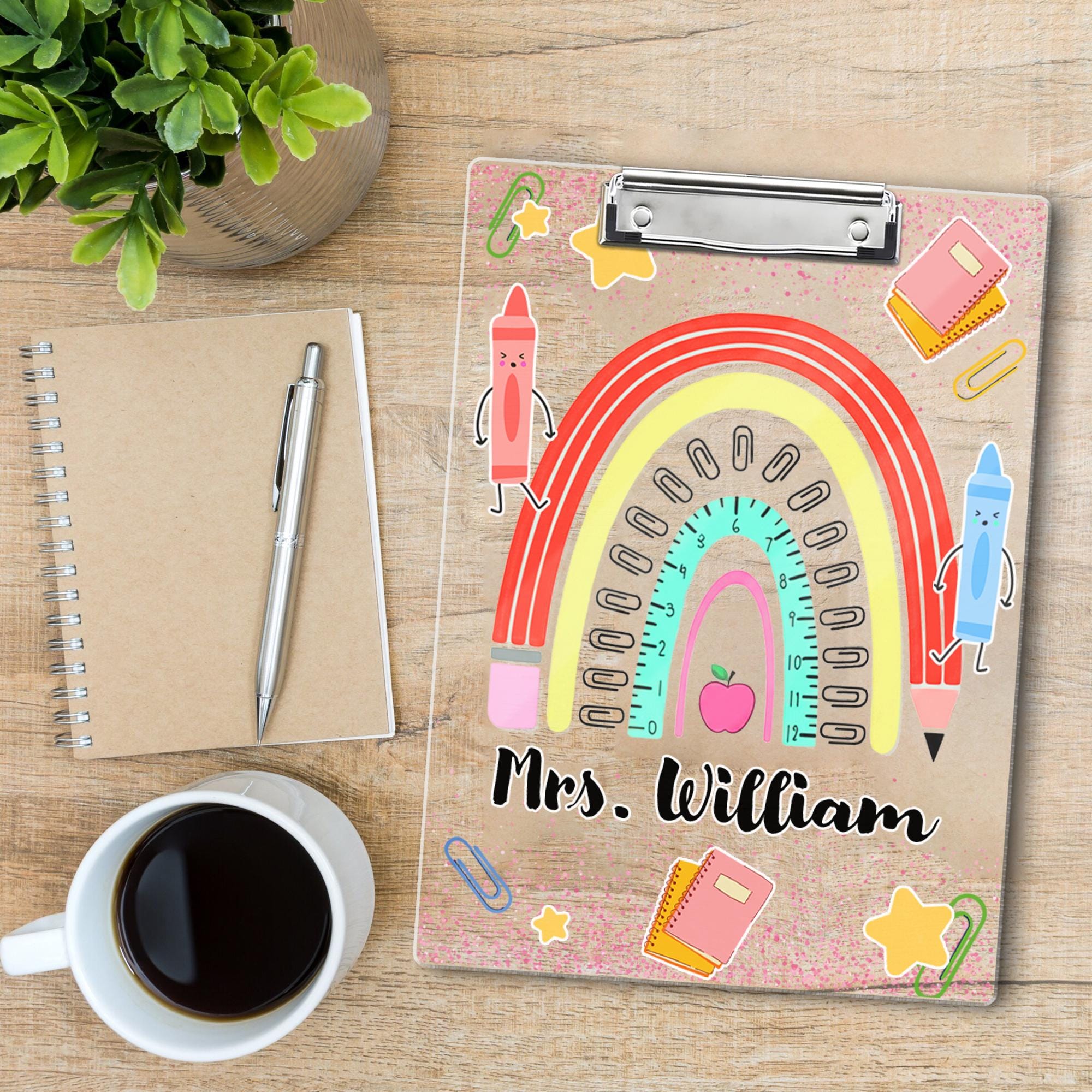 Personalized Teacher Clipboard, Rainbow Ruler Design with Crayons & Name, Cute Custom School Supplies Gift for Classroom Use, Back To School