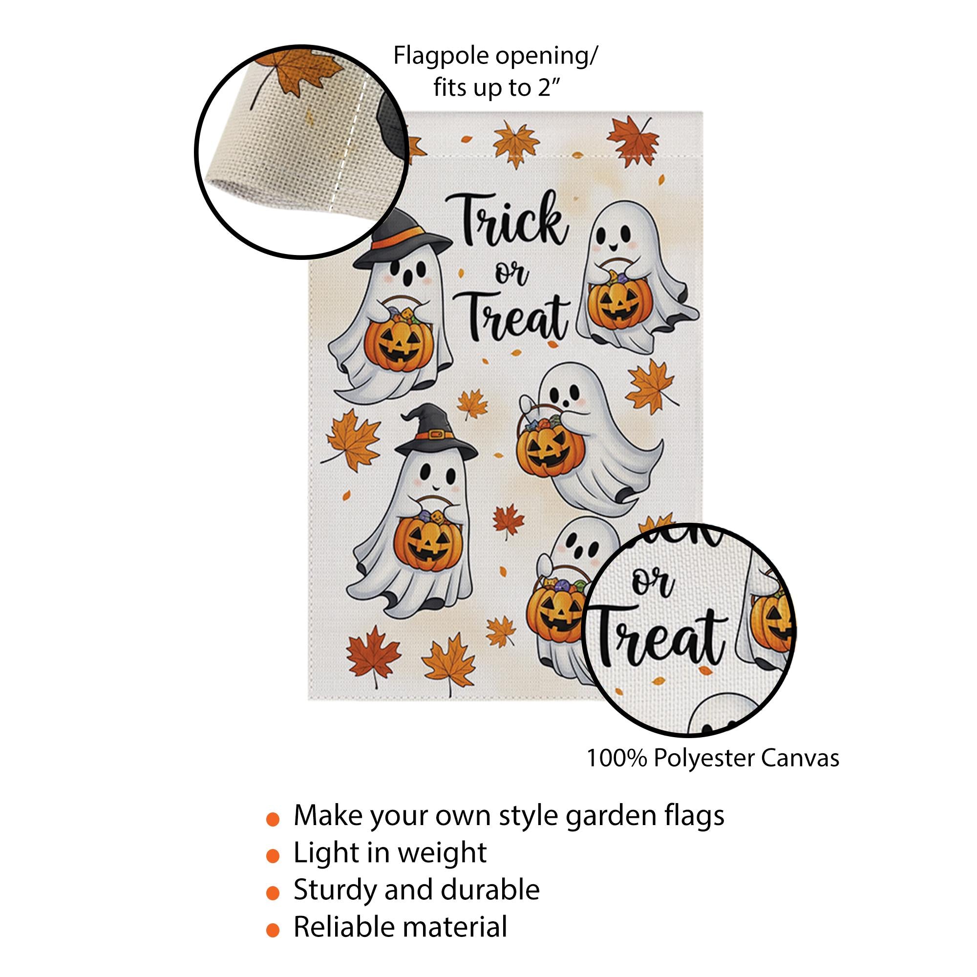 Trick or Treat Ghost Garden Flag – Cute Halloween Yard Decor with Pumpkins & Leaves, Outdoor Fall Decoration for Porch or Lawn