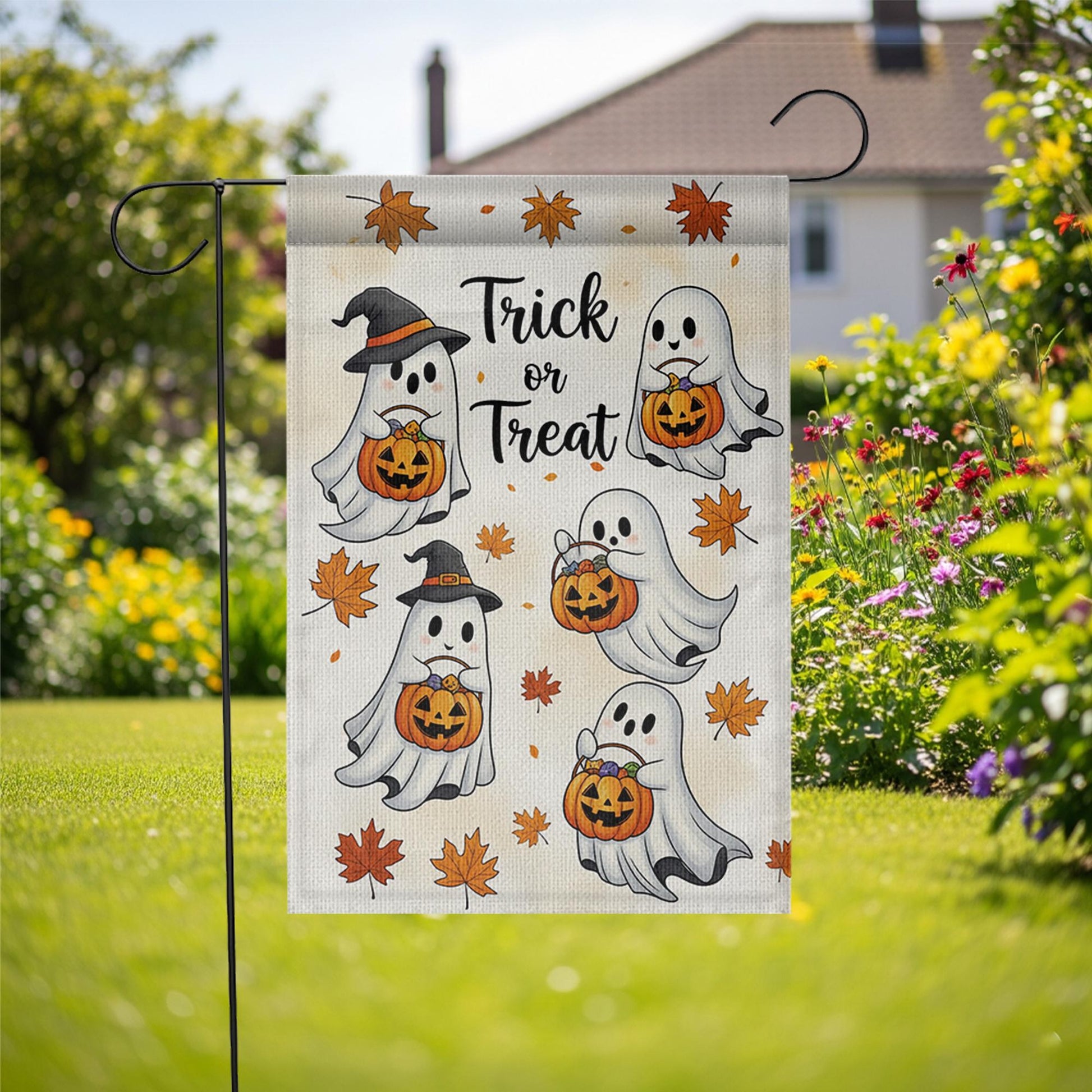 Trick or Treat Ghost Garden Flag – Cute Halloween Yard Decor with Pumpkins & Leaves, Outdoor Fall Decoration for Porch or Lawn