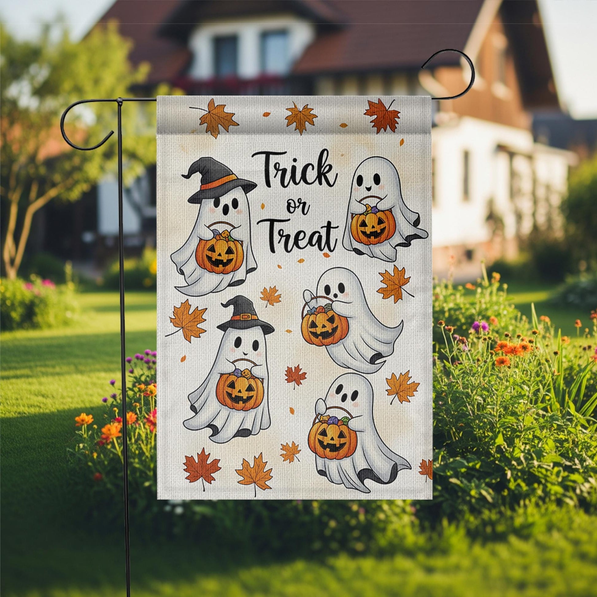 Trick or Treat Ghost Garden Flag – Cute Halloween Yard Decor with Pumpkins & Leaves, Outdoor Fall Decoration for Porch or Lawn