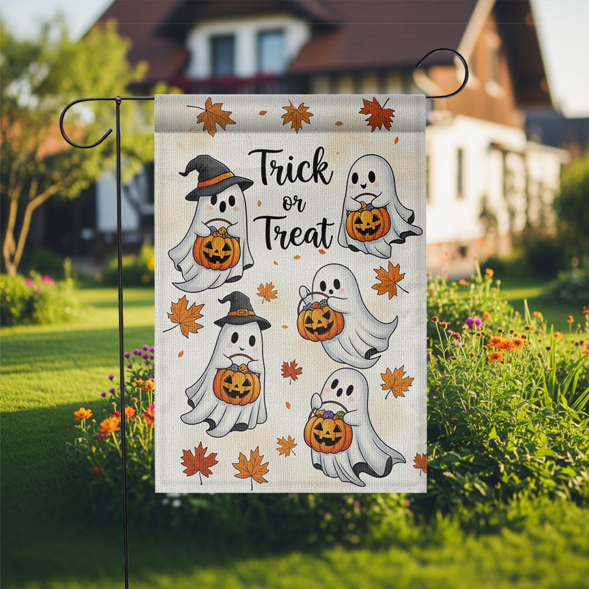 Trick or Treat Ghost Garden Flag – Cute Halloween Yard Decor with Pumpkins & Leaves, Outdoor Fall Decoration for Porch or Lawn