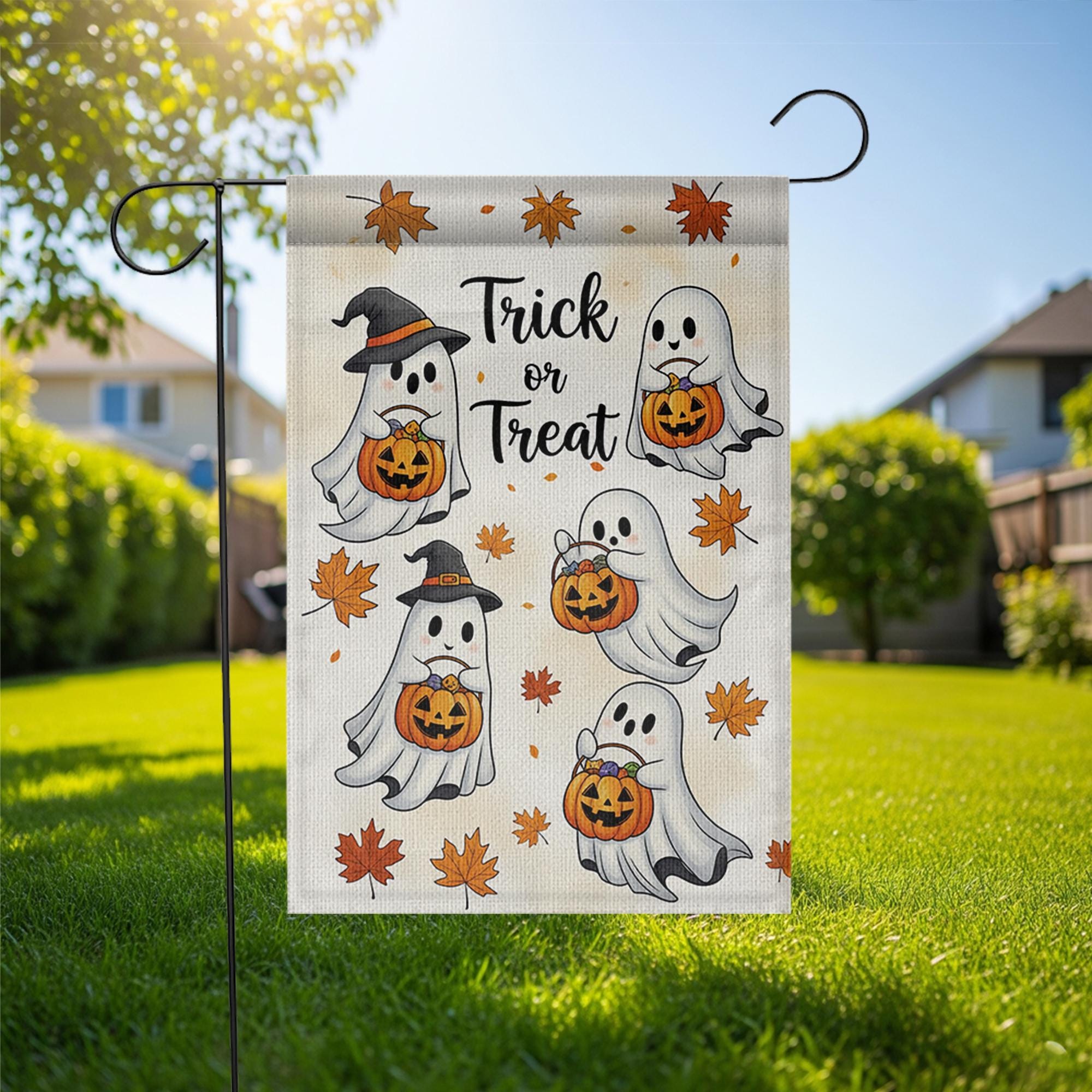 Trick or Treat Ghost Garden Flag – Cute Halloween Yard Decor with Pumpkins & Leaves, Outdoor Fall Decoration for Porch or Lawn