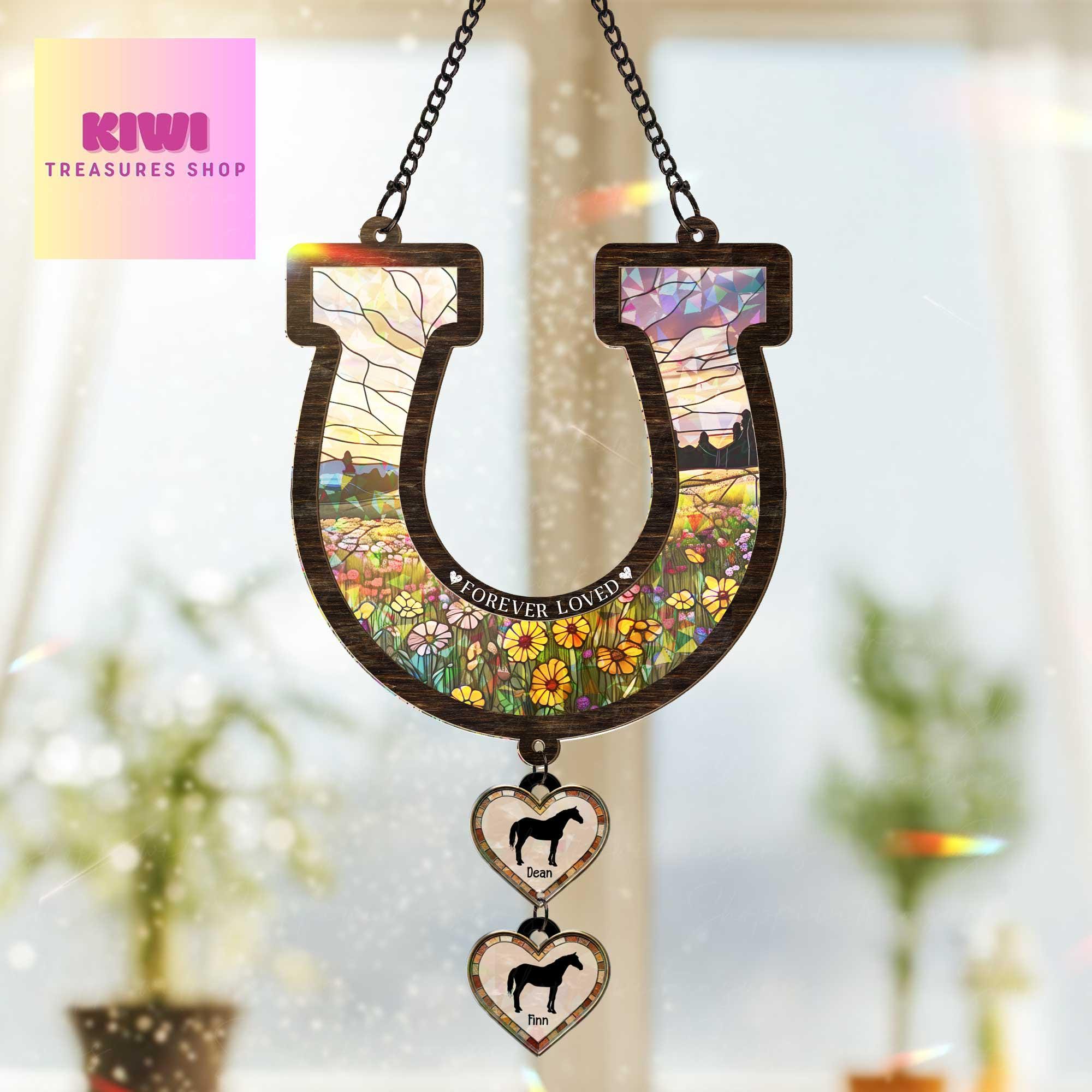 Custom Horse Memorial Suncatcher, Holographic Acrylic Horseshoe with Pet Names, Forever Loved Window Decor, Rainbow Remembrance Gift