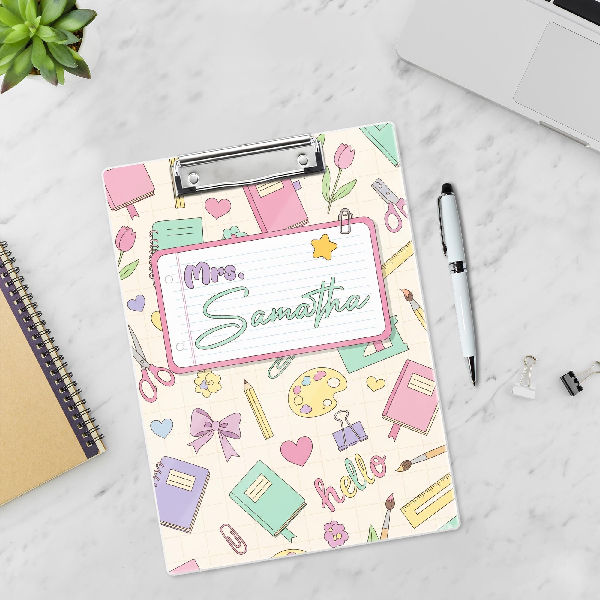 Personalized Teacher Clipboard – Pastel School Supplies Design with Custom Name – Cute Back to School Gift for Educators