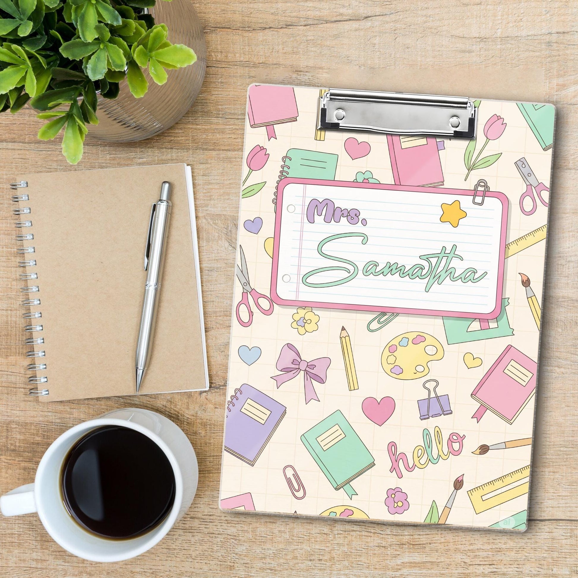 Personalized Teacher Clipboard – Pastel School Supplies Design with Custom Name – Cute Back to School Gift for Educators