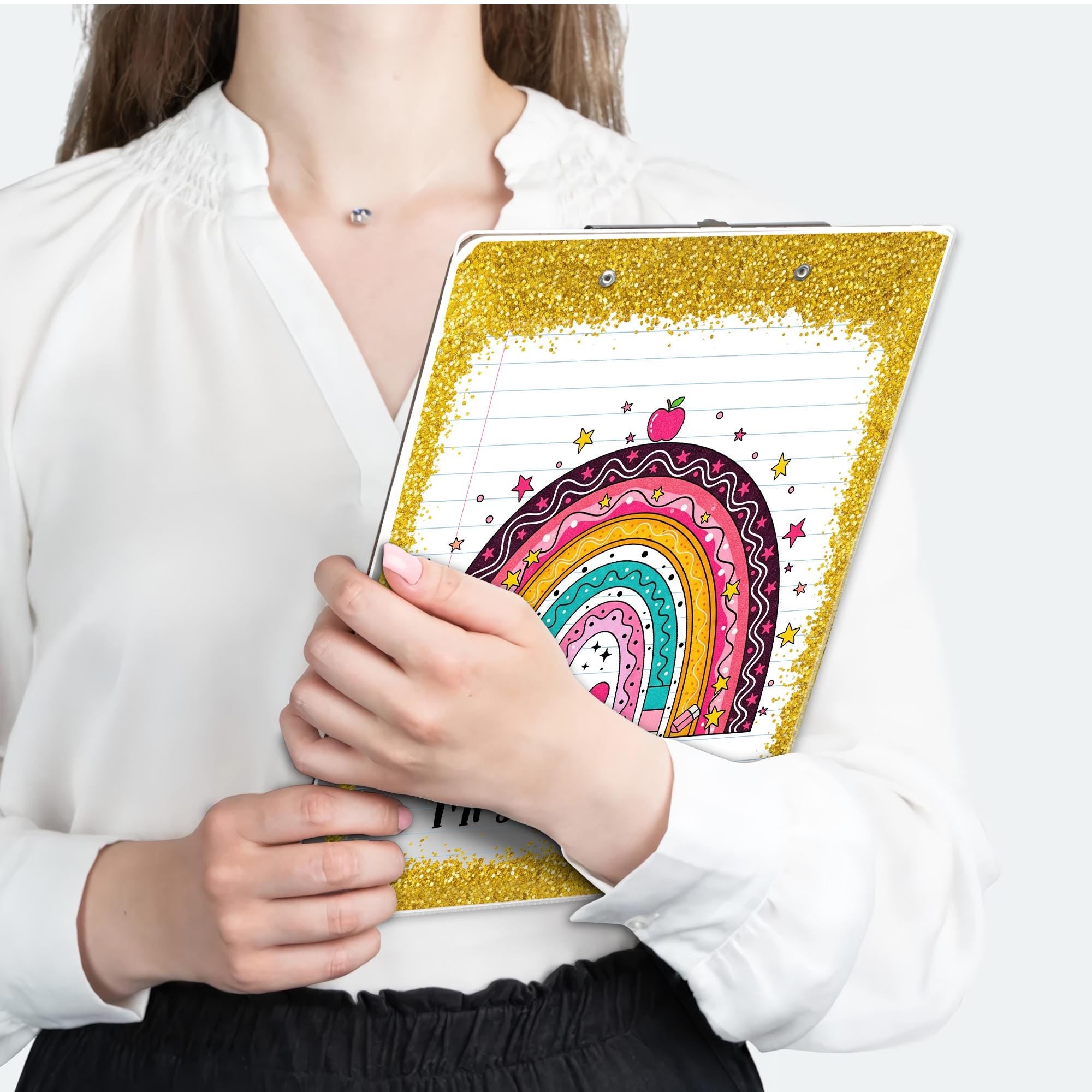 Personalized Teacher Clipboard, Custom Rainbow FAUX Glitter Clipboard, Cute Back to School Gift, Teacher Clipboard, Mrs. Name Gift