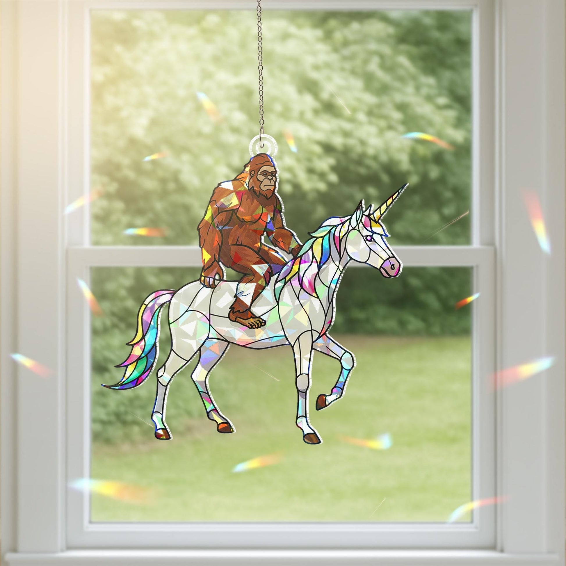 Suncatcher Bigfoot riding unicorn, holographic acrylic quirky home decor, funny whimsical gift for unicorn lovers