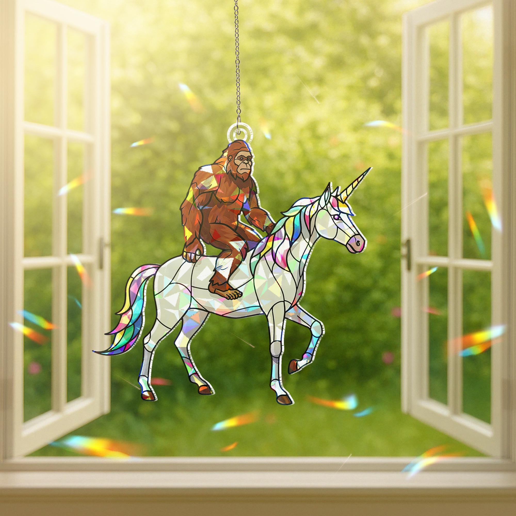 Suncatcher Bigfoot riding unicorn, holographic acrylic quirky home decor, funny whimsical gift for unicorn lovers