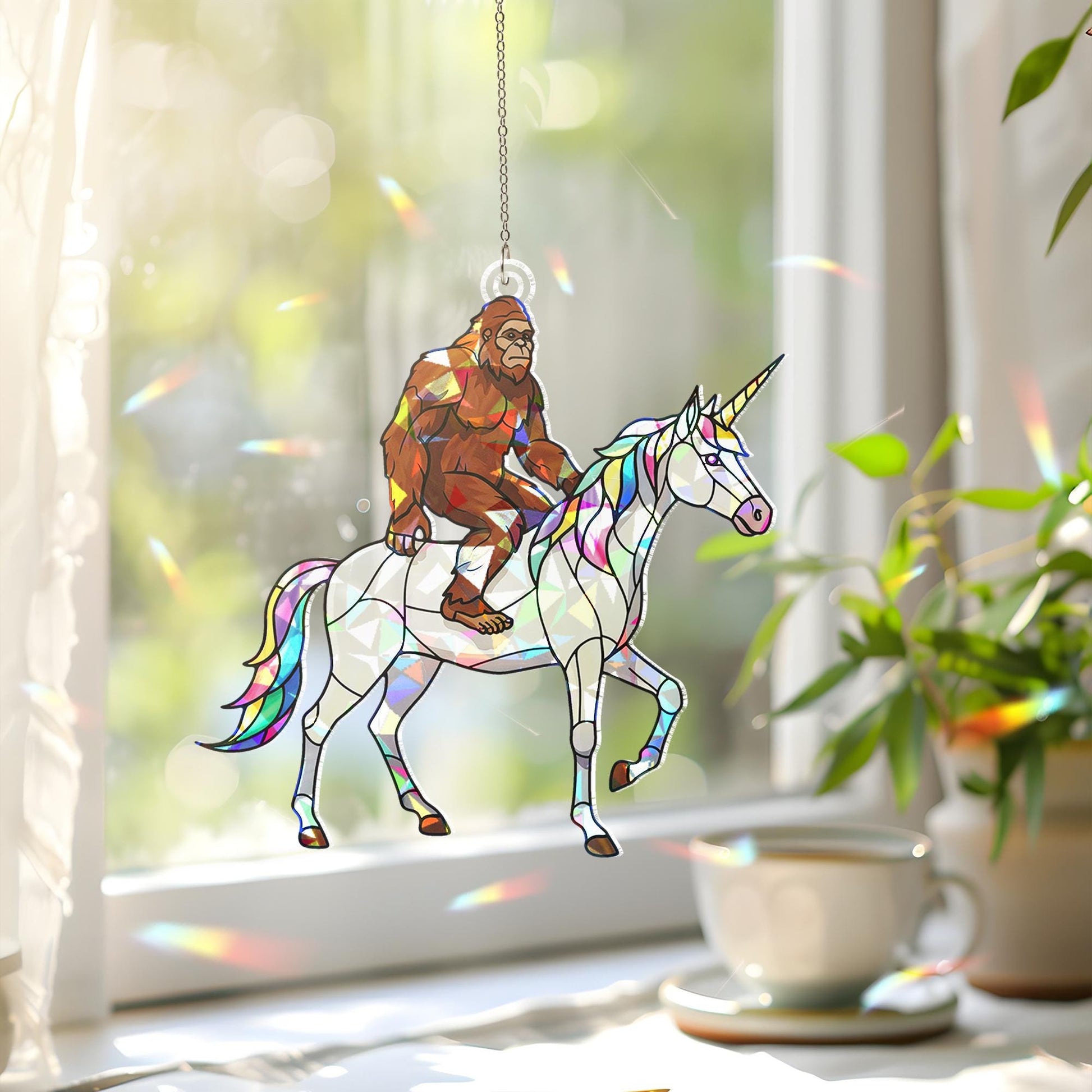 Suncatcher Bigfoot riding unicorn, holographic acrylic quirky home decor, funny whimsical gift for unicorn lovers
