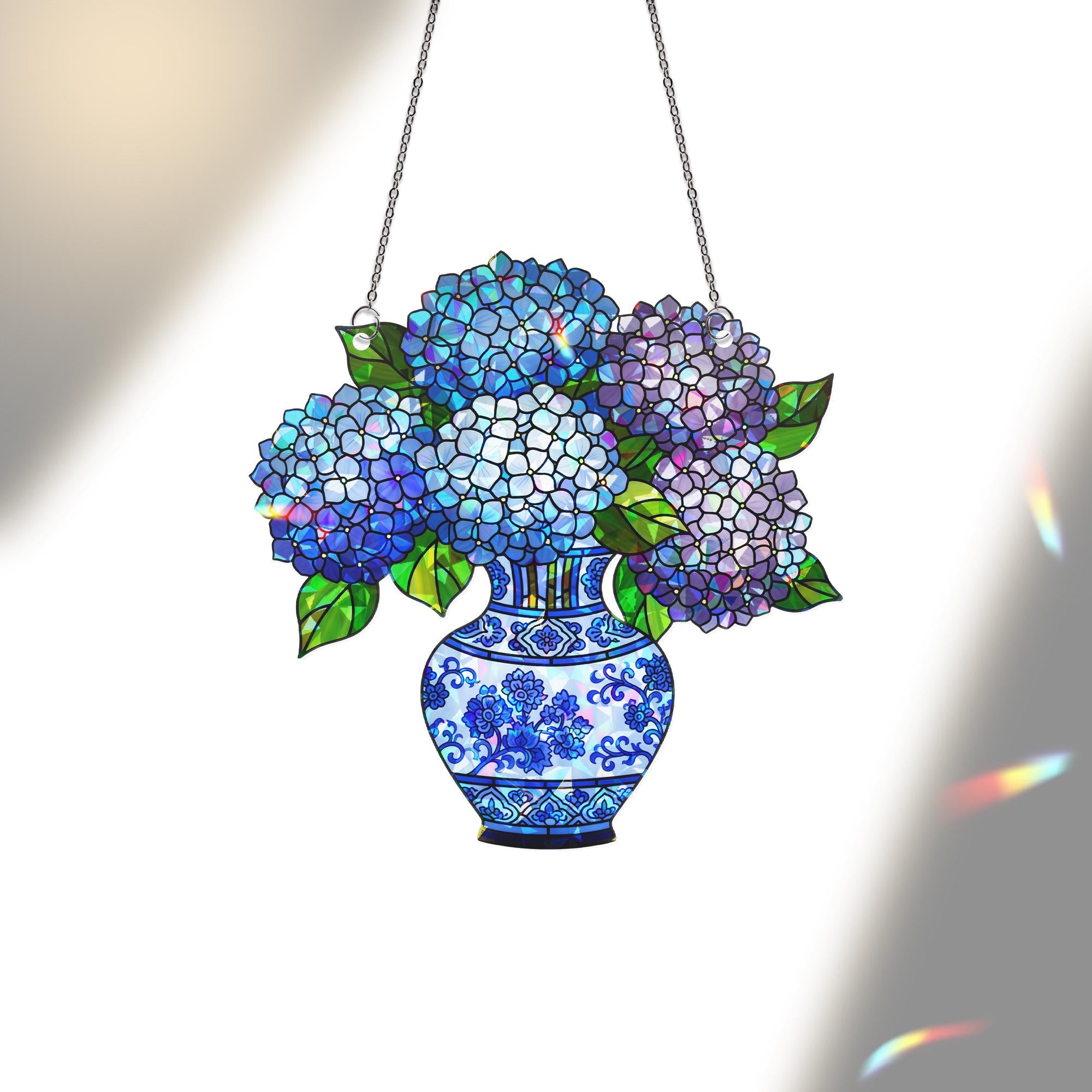 Hydrangeas In Blue Chinoiserie Vase holographic acrylic suncatcher, elegant floral home decor, unique gift for garden lovers
