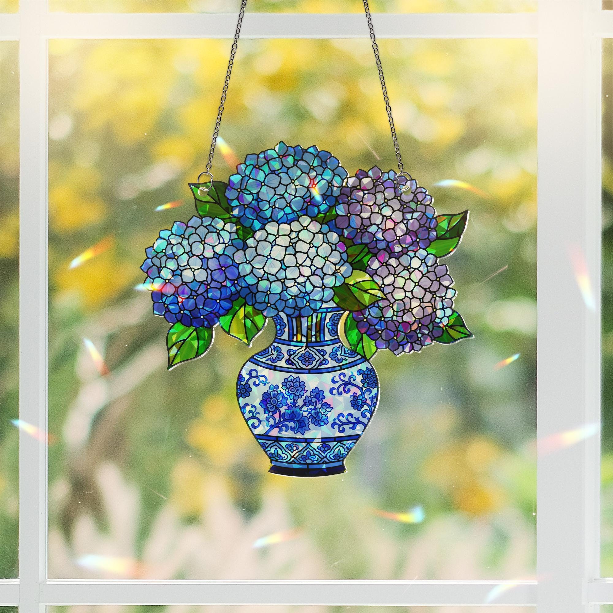 Hydrangeas In Blue Chinoiserie Vase holographic acrylic suncatcher, elegant floral home decor, unique gift for garden lovers