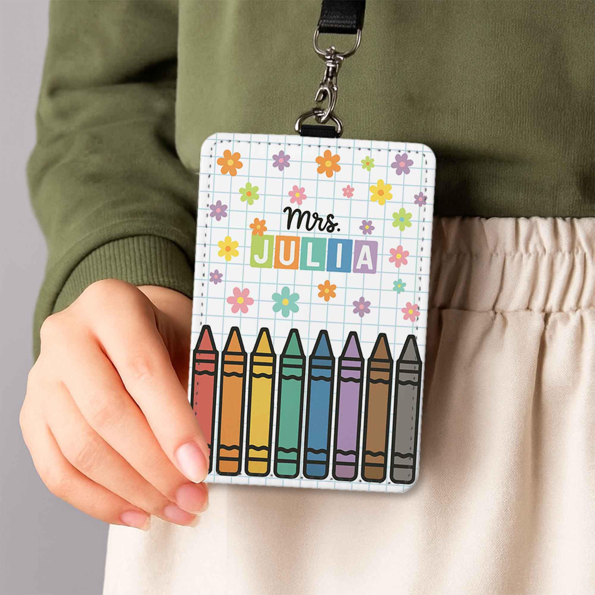 Personalized Teacher Badge Holder, Crayon Lanyard, Custom ID Holder, Educator Gift, Classroom Accessory, Back to School