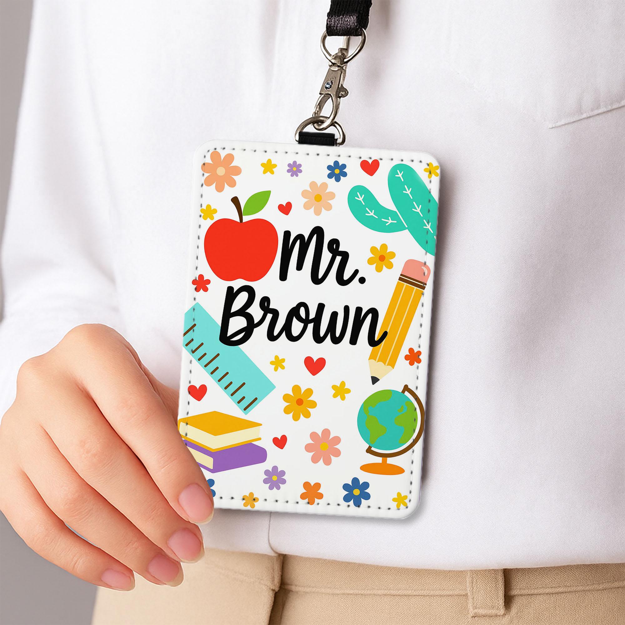 Personalized Teacher Badge Holder, Custom School Supplies Lanyard, Educator Gift, Apple Globe Pencil Design