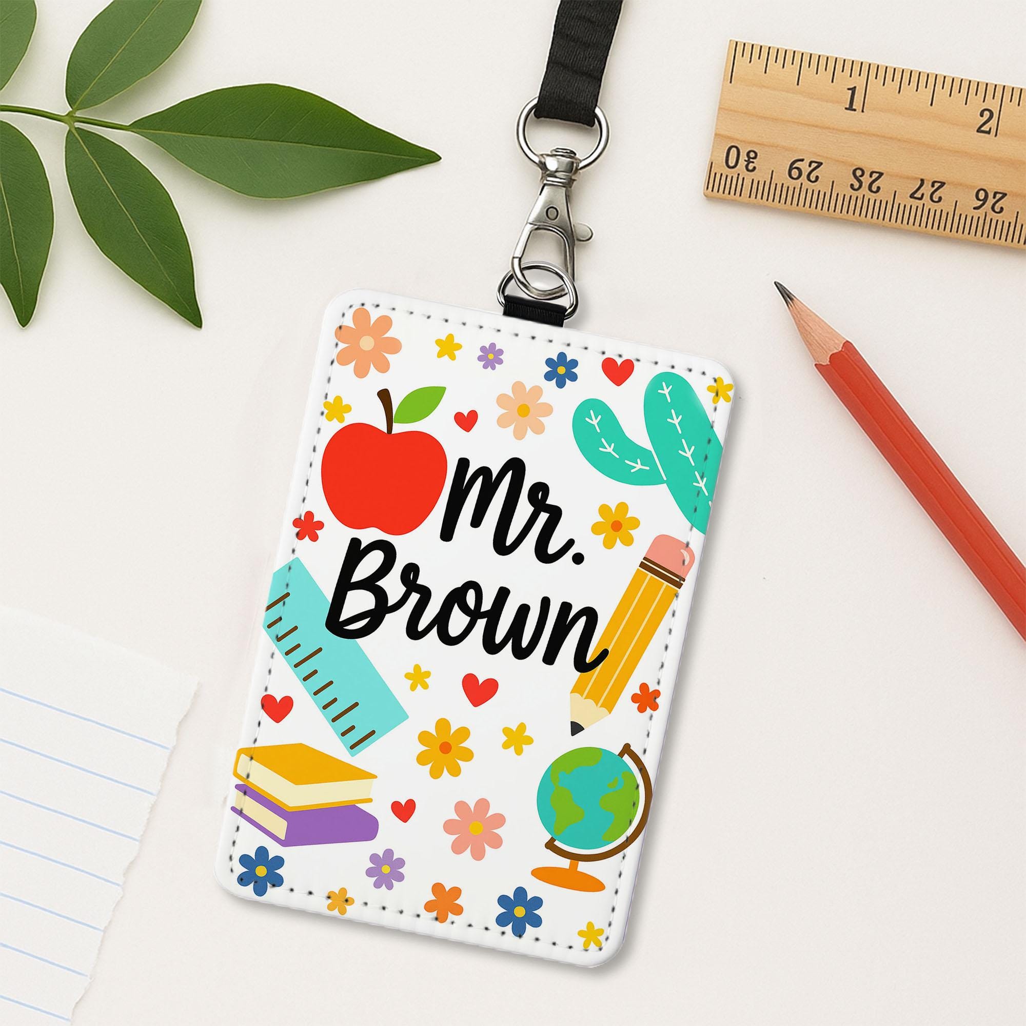 Personalized Teacher Badge Holder, Custom School Supplies Lanyard, Educator Gift, Apple Globe Pencil Design