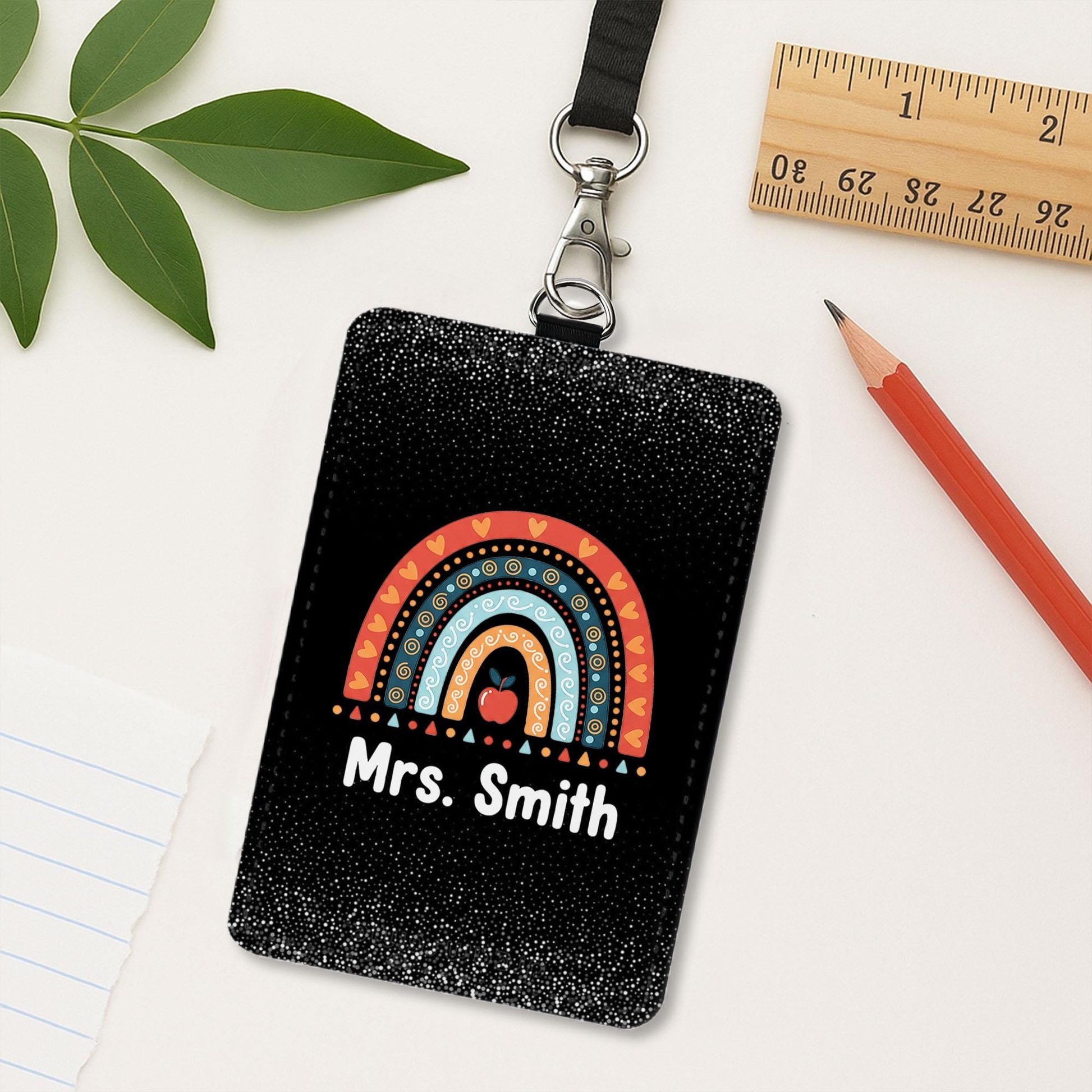 Personalized Teacher Badge Holder, Rainbow Apple Design, Custom ID Holder, Educator Gift, Back to School
