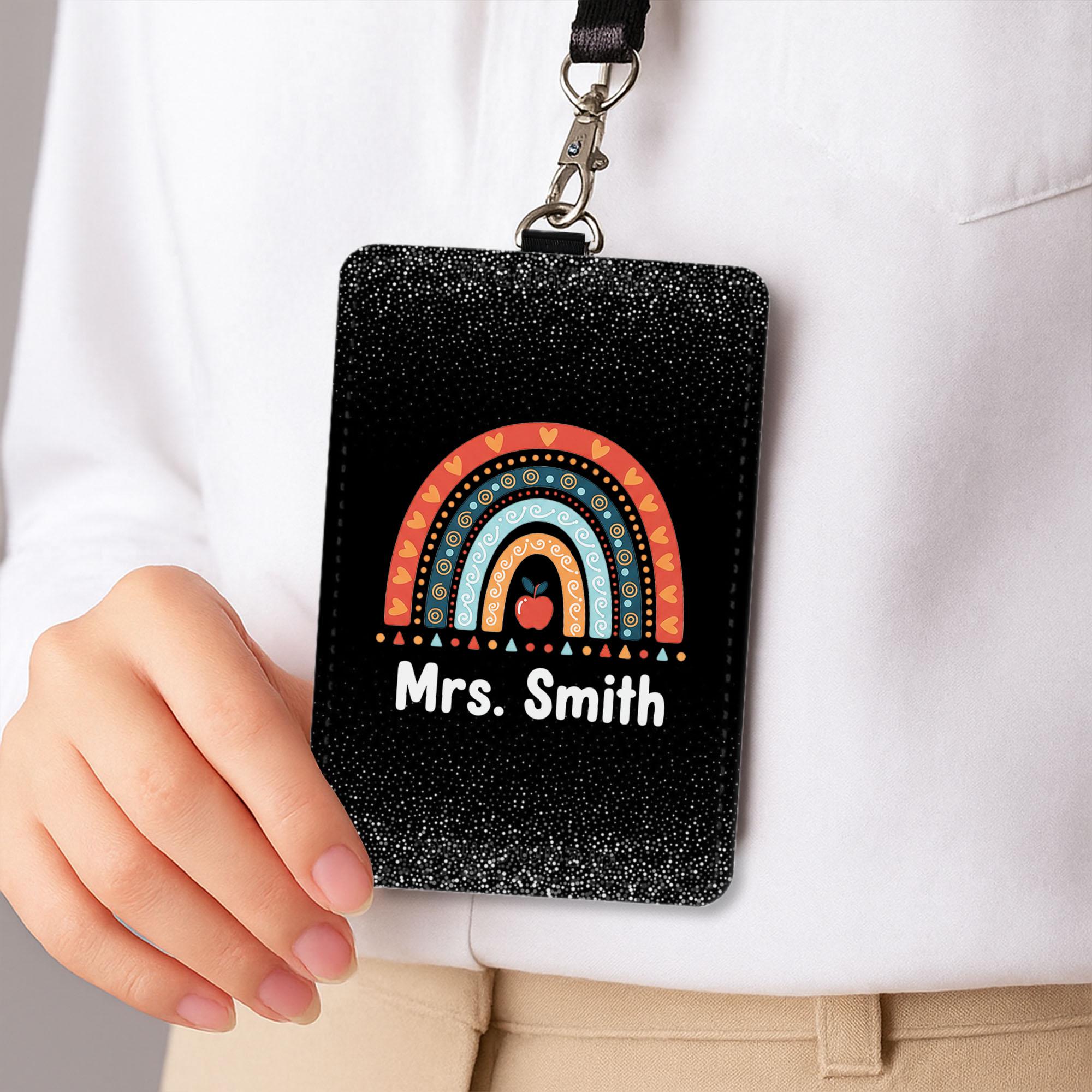 Personalized Teacher Badge Holder, Rainbow Apple Design, Custom ID Holder, Educator Gift, Back to School