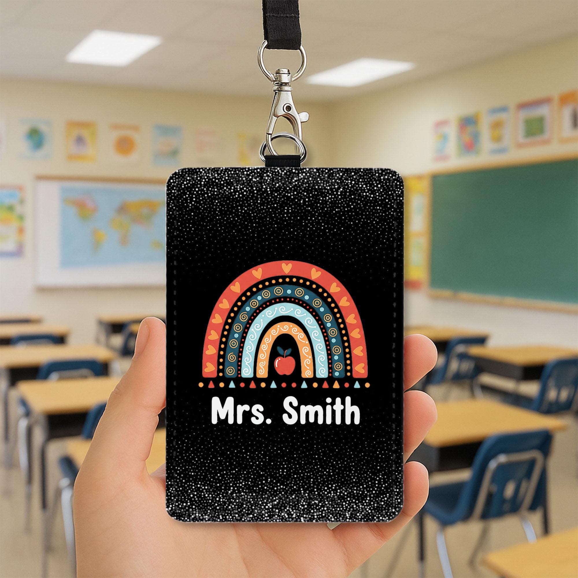 Personalized Teacher Badge Holder, Rainbow Apple Design, Custom ID Holder, Educator Gift, Back to School
