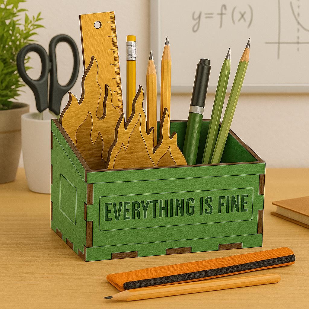 Funny Teacher Dumpster Fire Pen and Pencil Holder – Everything is Fine Wooden Desk Organizer - Dumpster Fire Pen Holder- Back to school