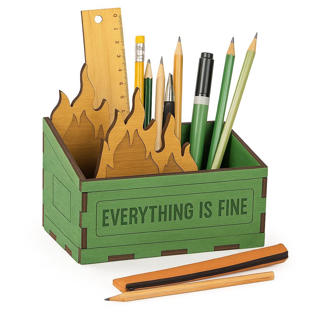 Funny Teacher Dumpster Fire Pen and Pencil Holder – Everything is Fine Wooden Desk Organizer - Dumpster Fire Pen Holder- Back to school