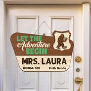 Personalized Teacher Name Sign for Door, Let The Adventure Begin Bigfoot Classroom Decor, Custom Grade & Room Number Hanger Gift